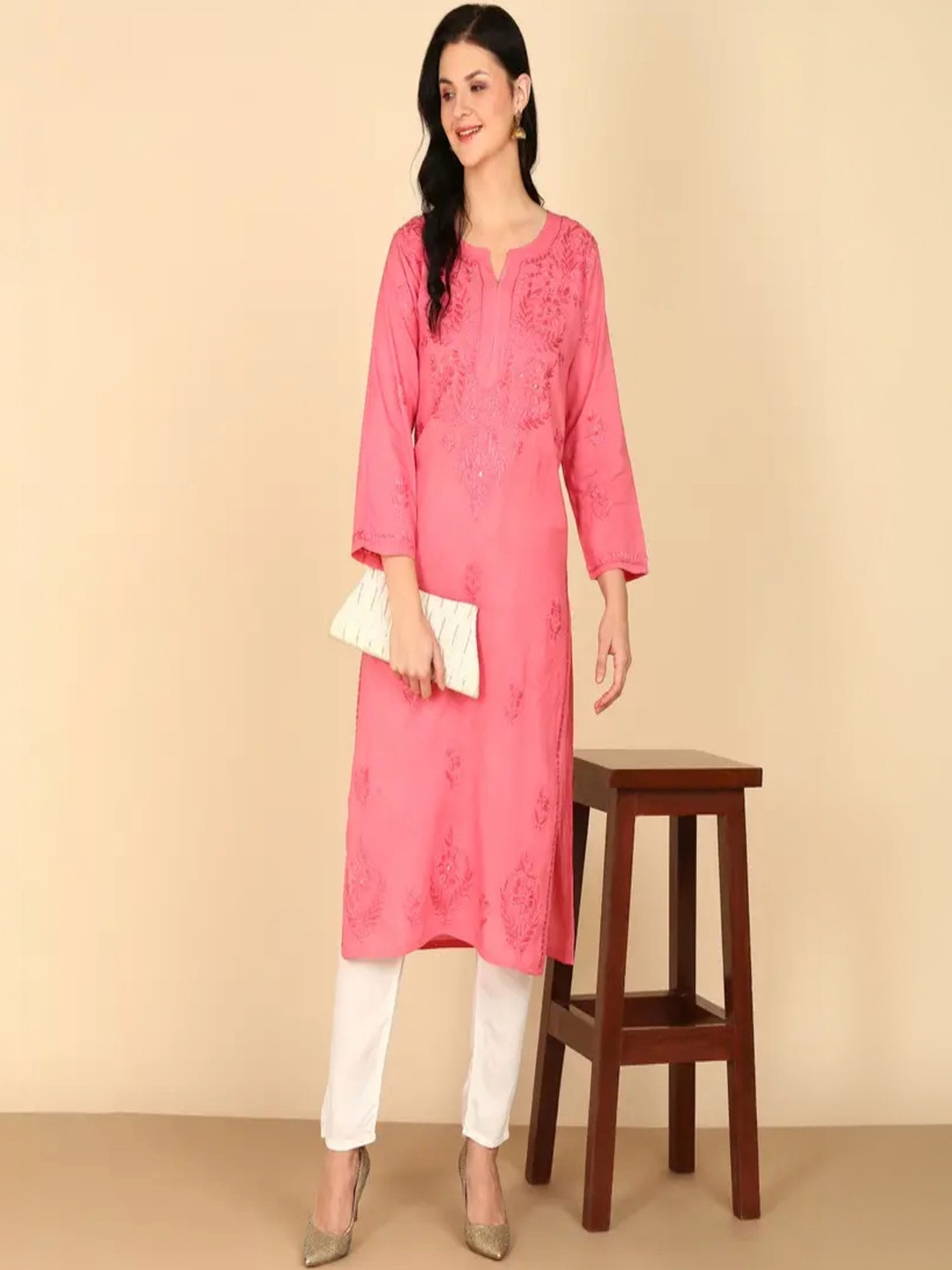 RANGAA NAWAAB Women Geometric Embroidered Keyhole Neck Flared Sleeves Thread Work Anarkali Kurta