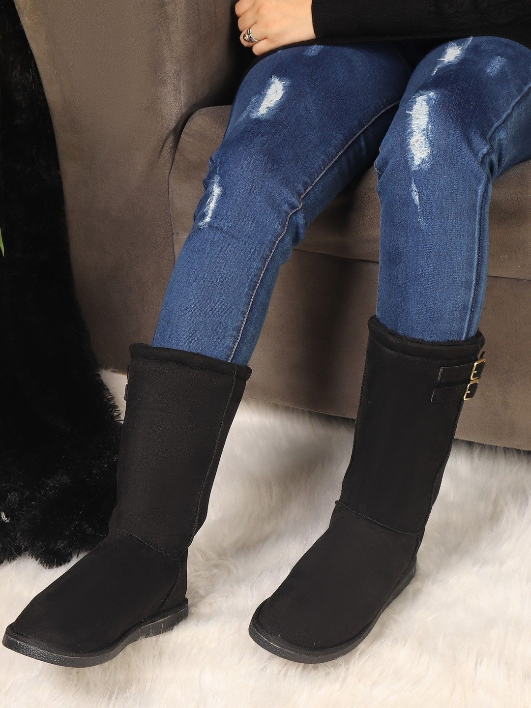 Carlton London Women Tall Winter Boots With Decorative Buckle Straps