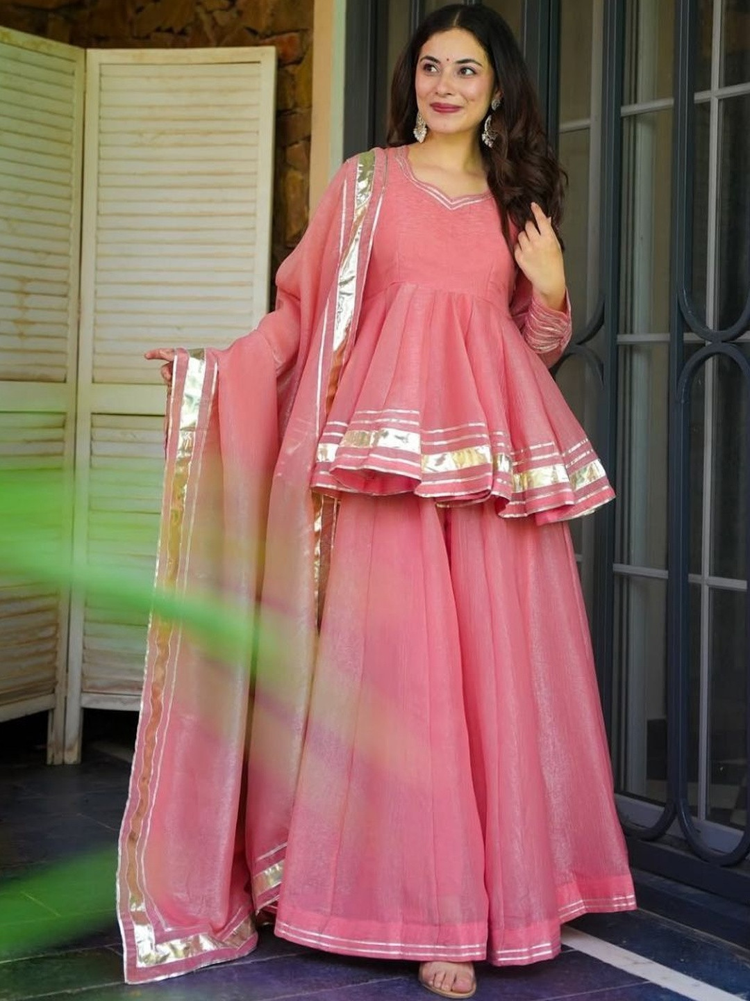 SWORNY FASHION Women Empire Gotta Patti Kurta with Sharara & With Dupatta