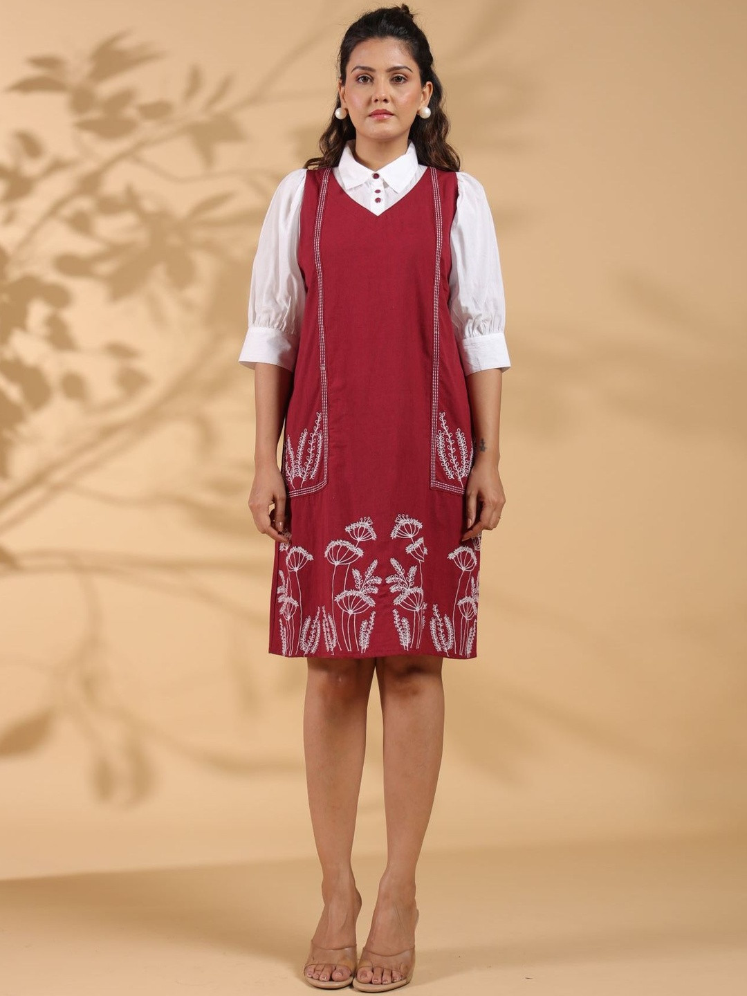 STIL O STITCH Floral Embroidered Puff Sleeve Pinafore Dress