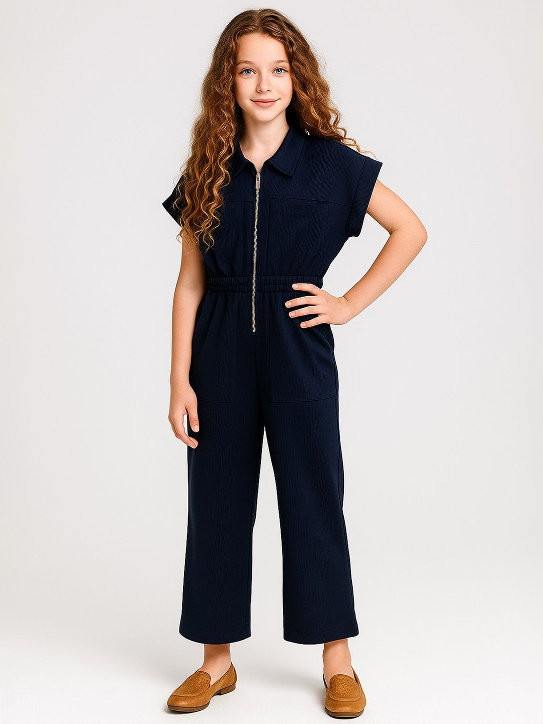 YK Girls Navy Blue Short Sleeves Solid Elastic Detailed Front Zipper Jumpsuit