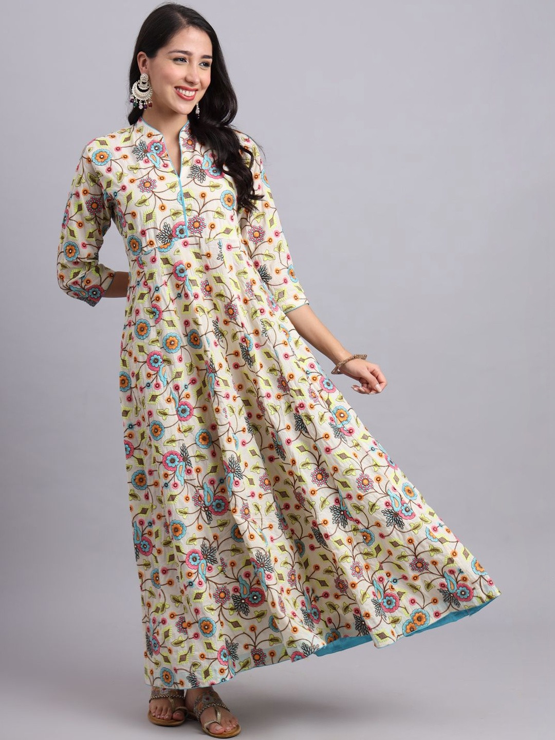 FASHIONKR Women Floral Embroidered Mirror Work Floral Anarkali Kurta