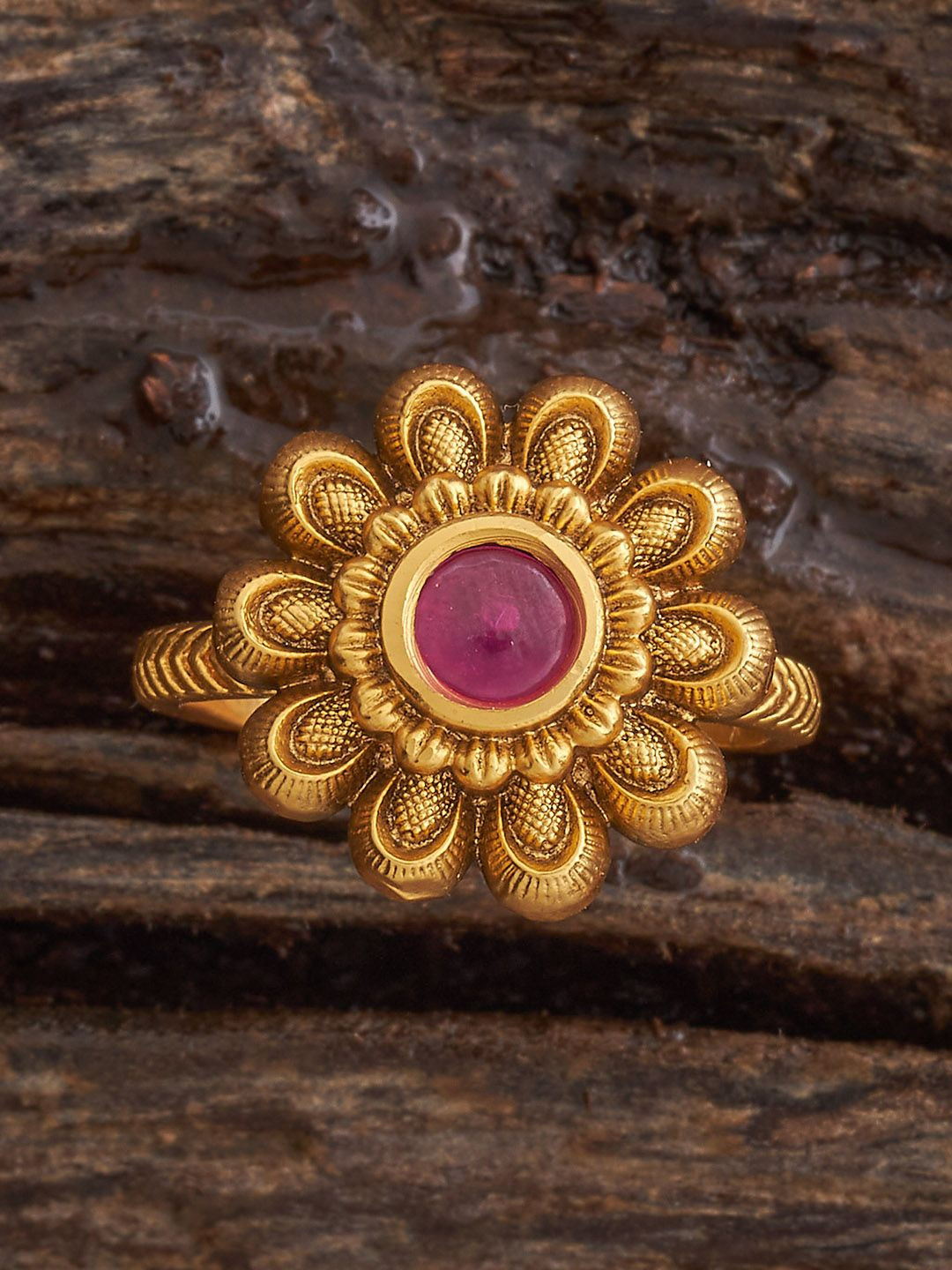 Kushal's Fashion Jewellery Gold-Plated Ruby Studded Ethnic Antique Finger Ring