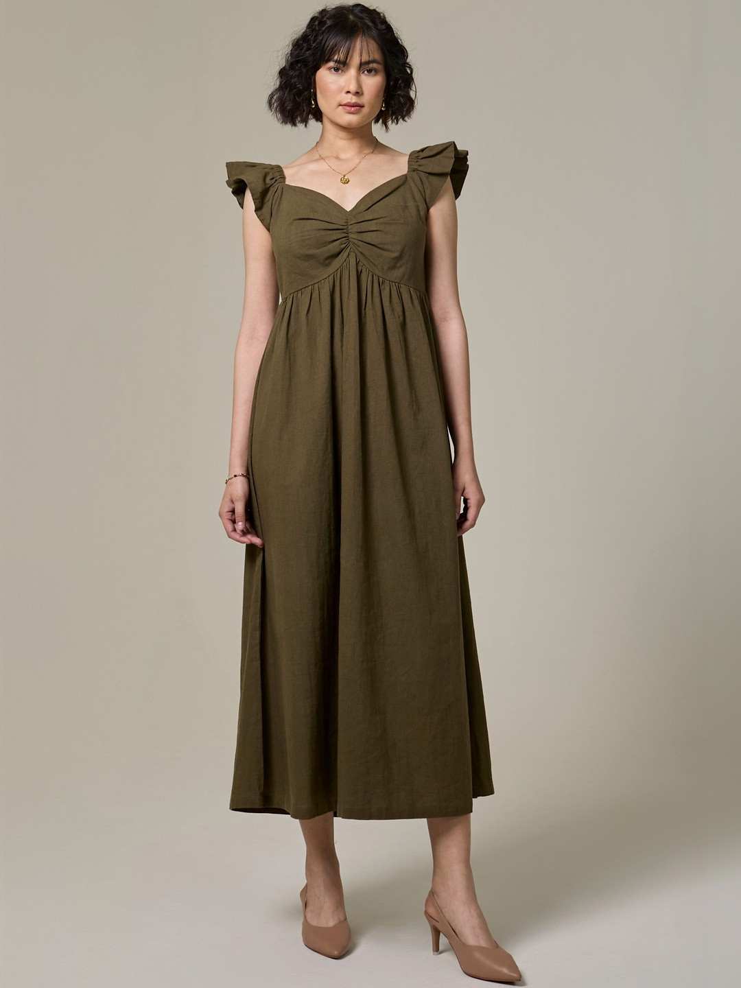 Studio Rabha Flutter Sleeve A-Line Midi Dress