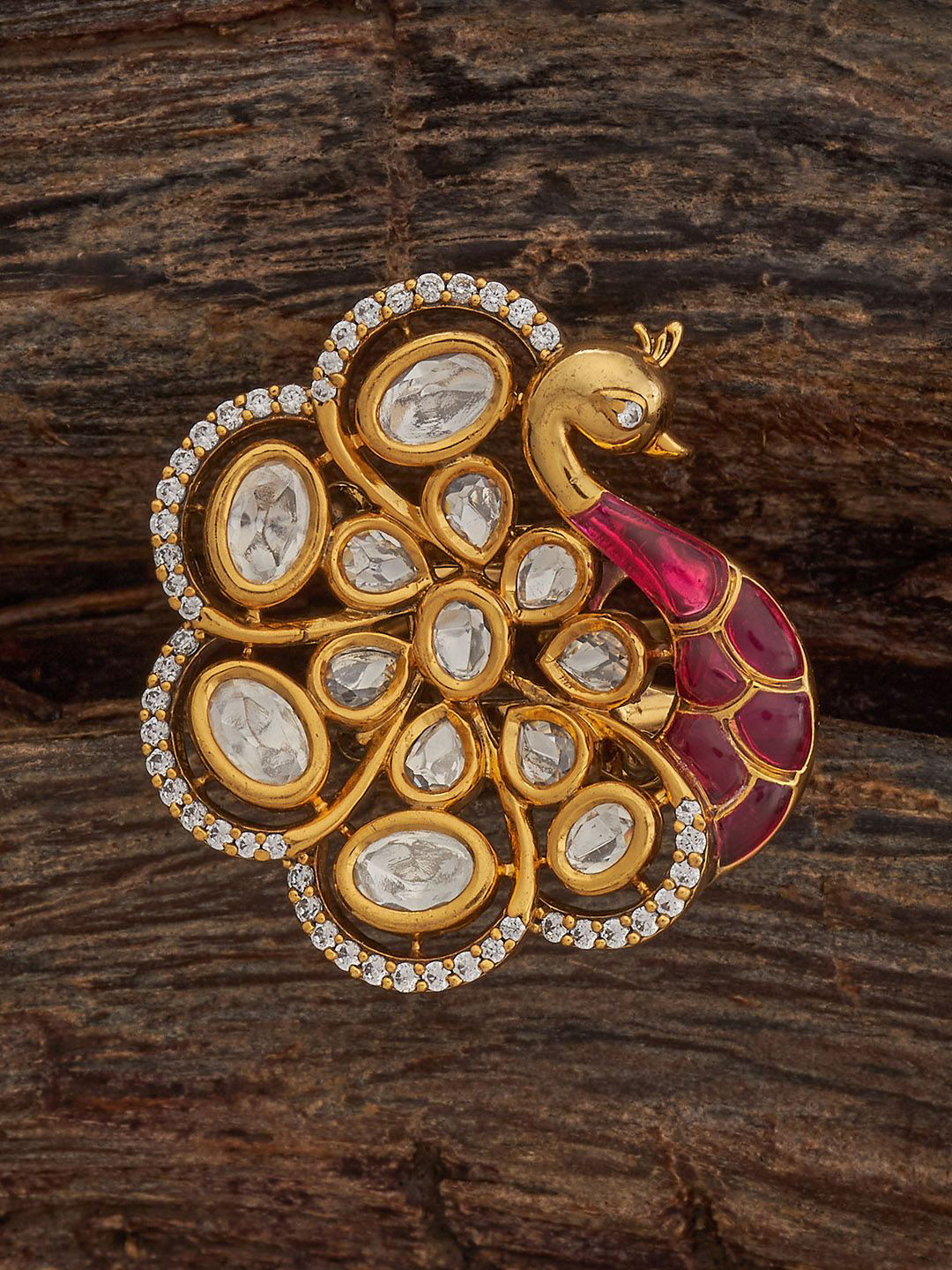 Kushal's Fashion Jewellery Embellished Bridal Victorian-Plated Kundan Peacock Design Ring