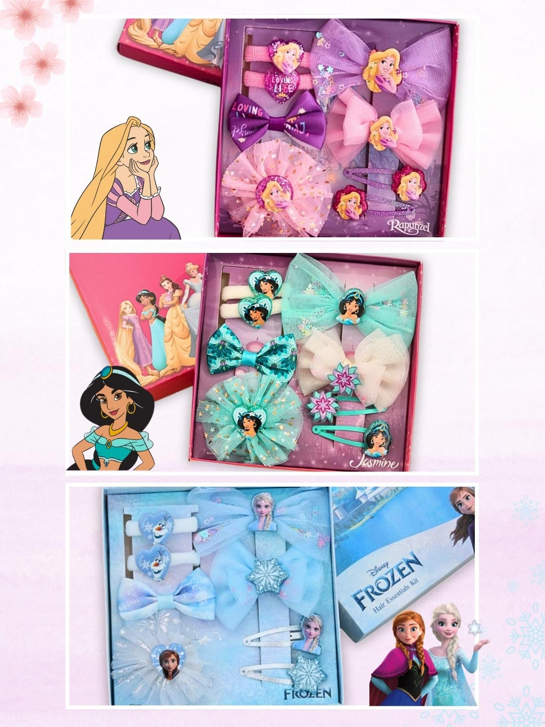 Disney By Yellow Bee Girls 24 Pieces Elsa Jasmine & Rapunzel  Hair Accessory Set