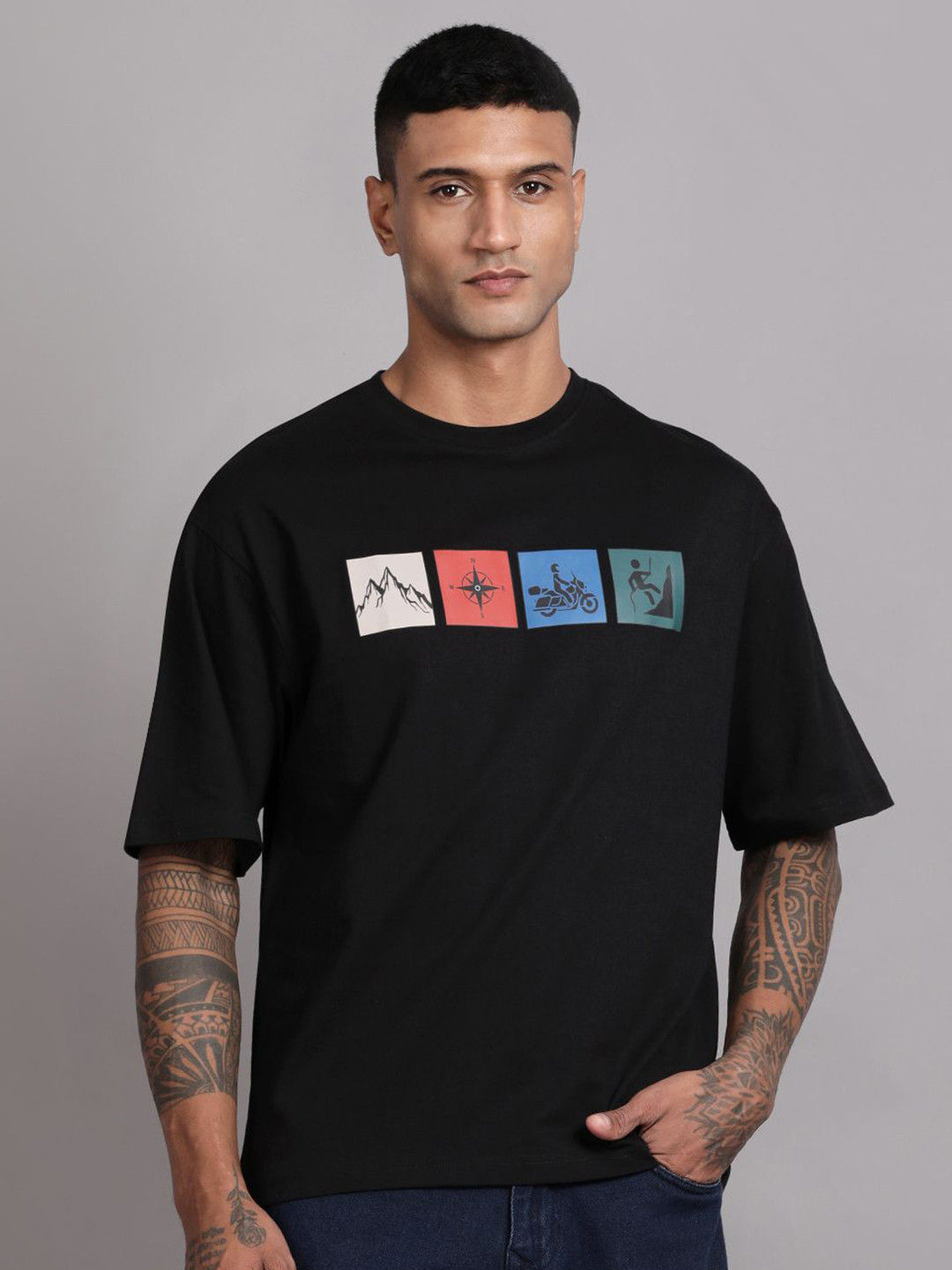 The Roadster Lifestyle Co. Graphic Printed Relaxed-Fit Drop Shoulder Pure Cotton T-Shirt