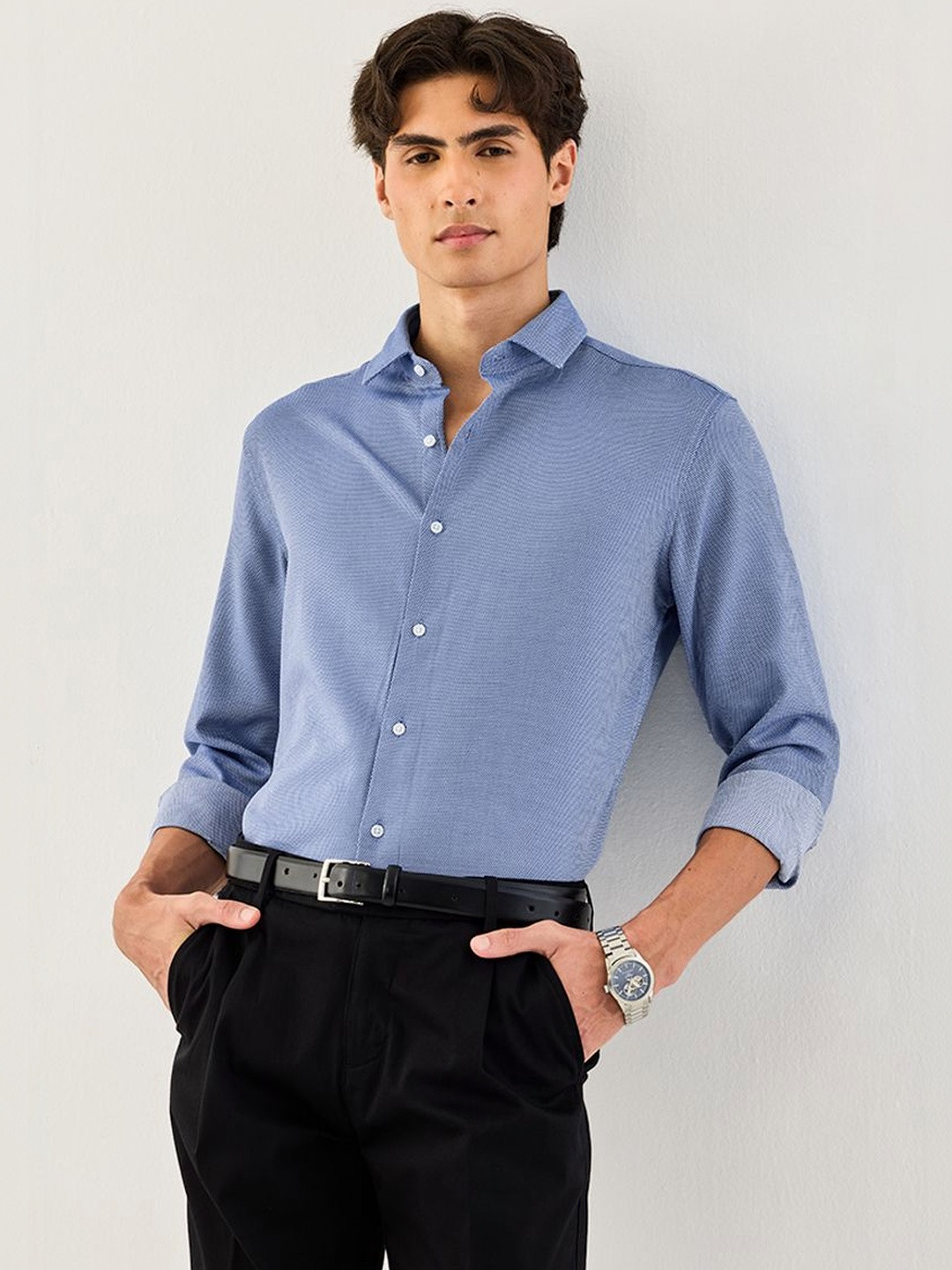 Snitch Micro Checks Cotton Long Sleeves Slim Fit Shirt