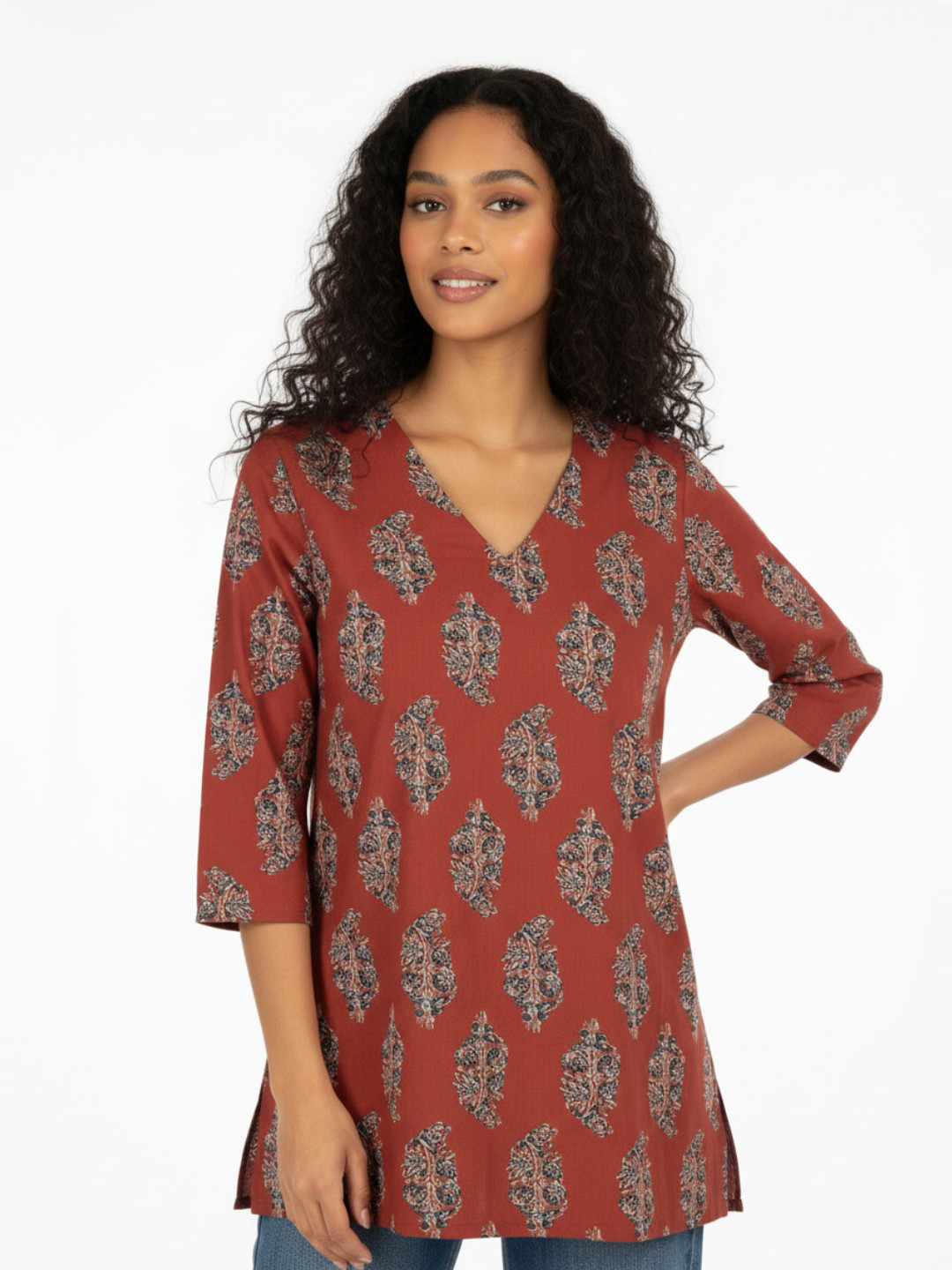 Anouk Rustic Floral Printed V-Neck Pure Cotton Straight Kurti