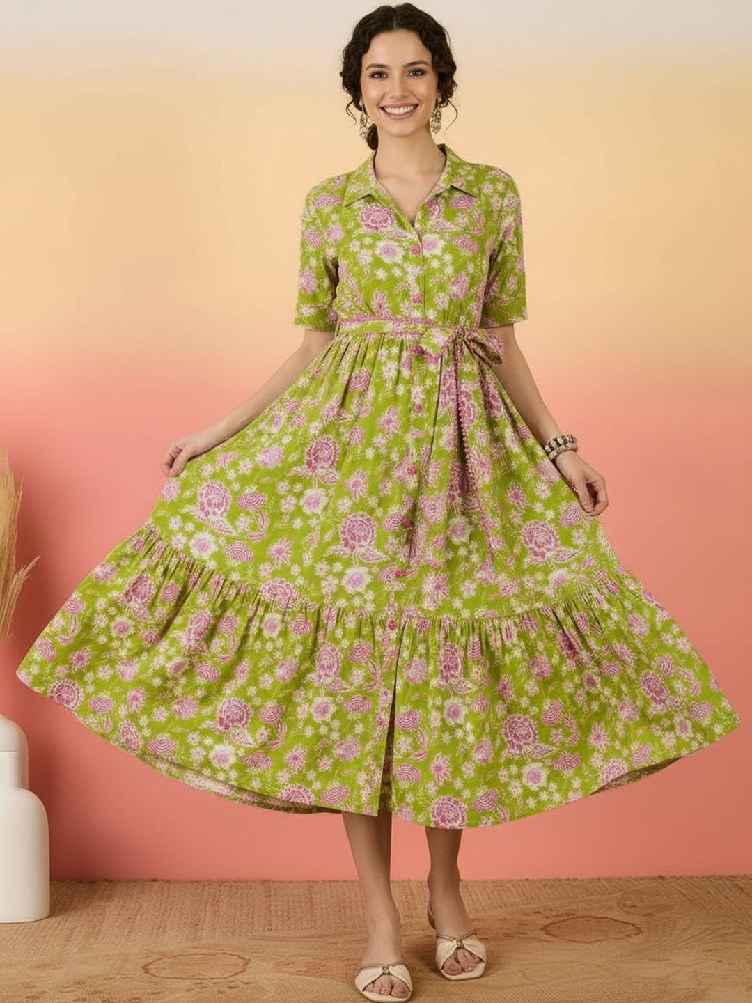 ZWERLON Floral Print Applique Shirt Midi Dress