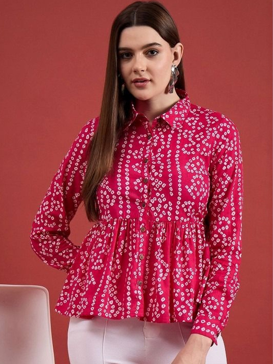 MF ERA Women Bandhani Printed Gathered or Pleated Cotton Peplum Top