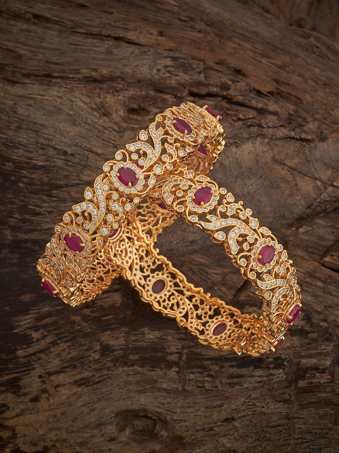 Kushal's Fashion Jewellery Set Of 2 Gold-Plated Green Zircon Embellished Bridal Bangles