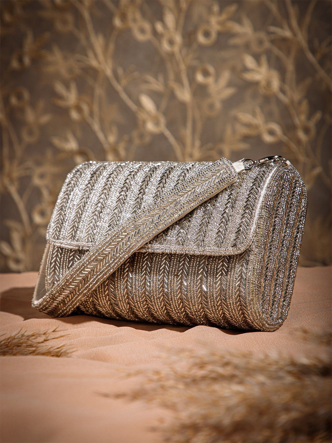 Anekaant Crystal Cascade Silver Chevron Beaded Embellished Embroidered Foldover Clutch