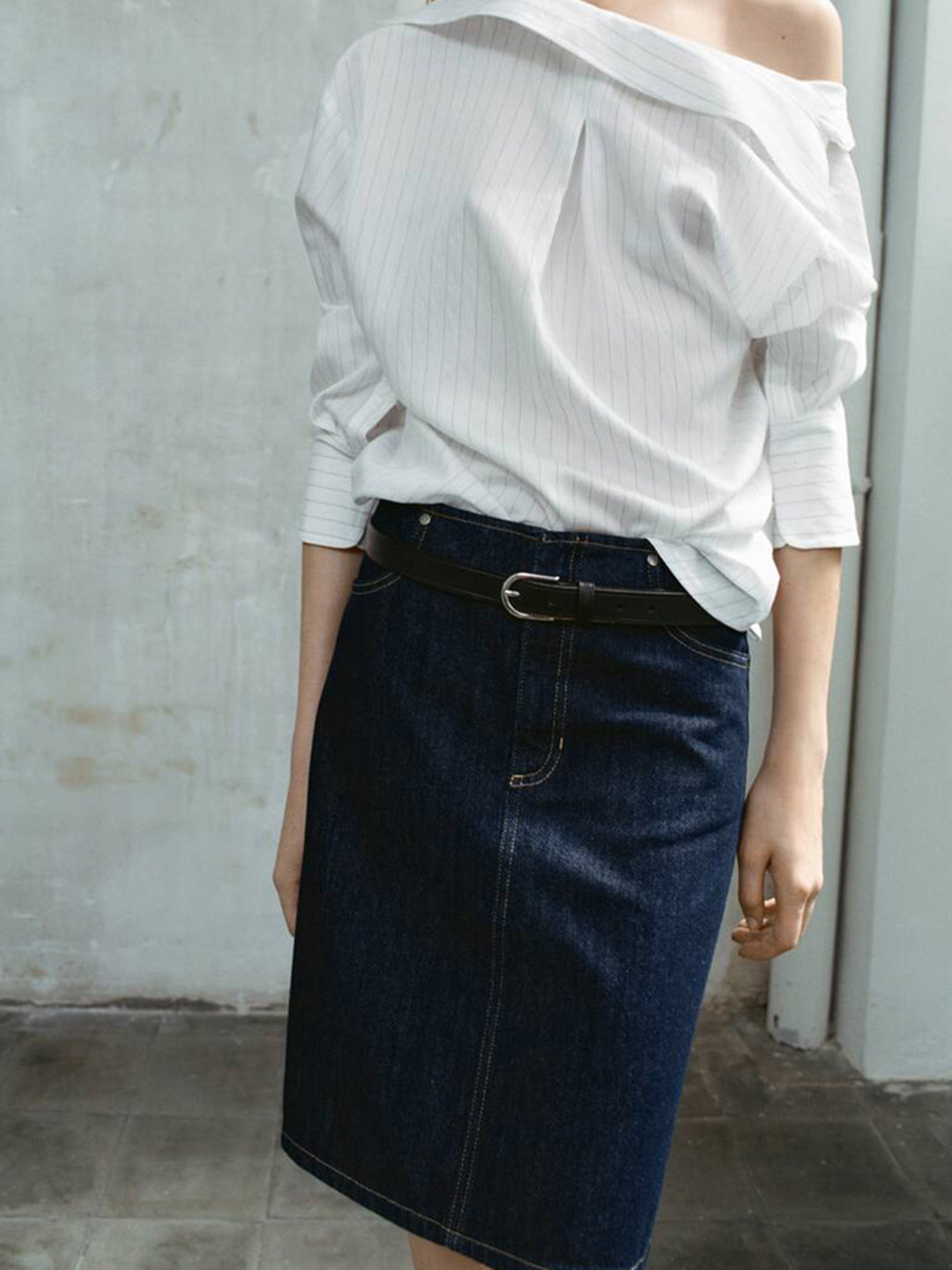 MANGO Mid-Rise Pure Cotton Denim Above Knee Length Skirt