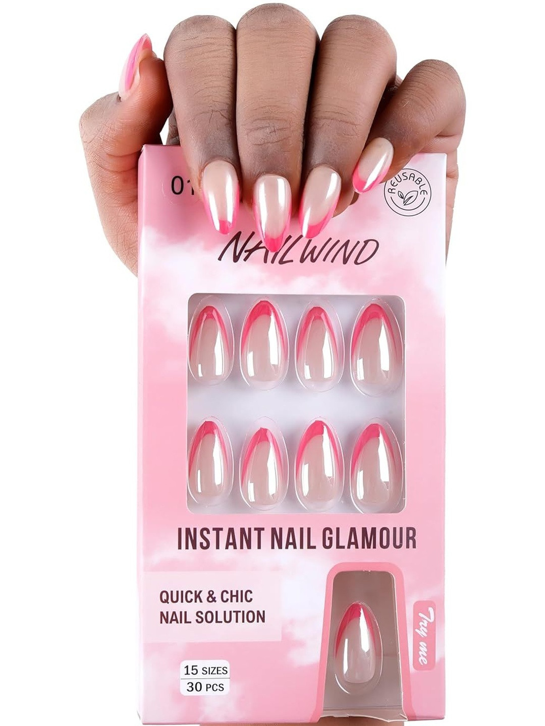 NAILWIND Set Of 30 Tip Press On Nails - Pink Berry French - 01