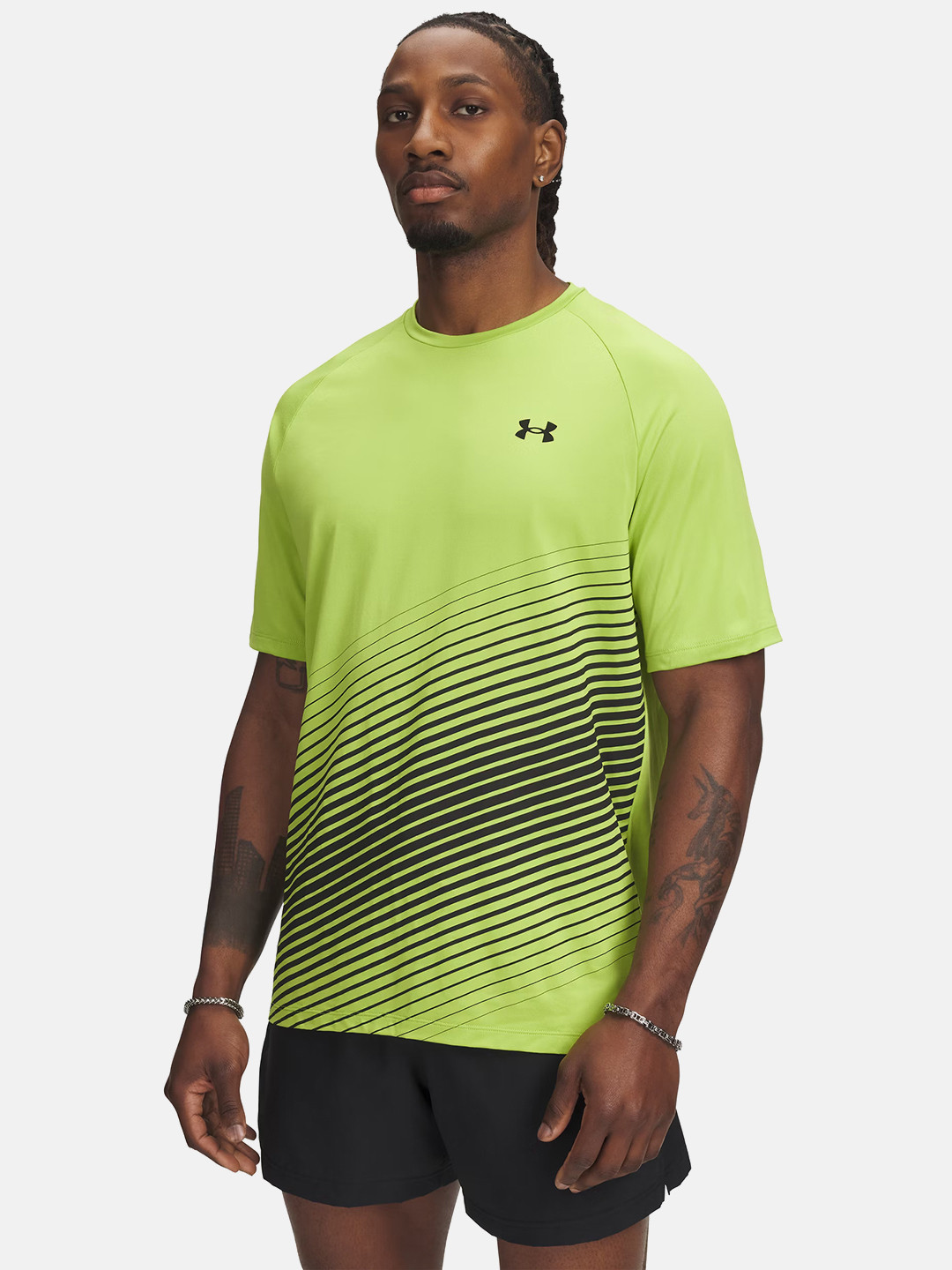 UNDER ARMOUR Brand Logo Printed Striped Drop-Shoulder Sleeves T-shirt