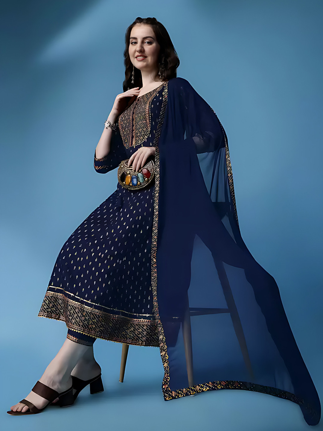 QUEENSFAB Ethnic Motifs Yoke Design Panelled Gotta Patti Kurta With Trousers & Dupatta