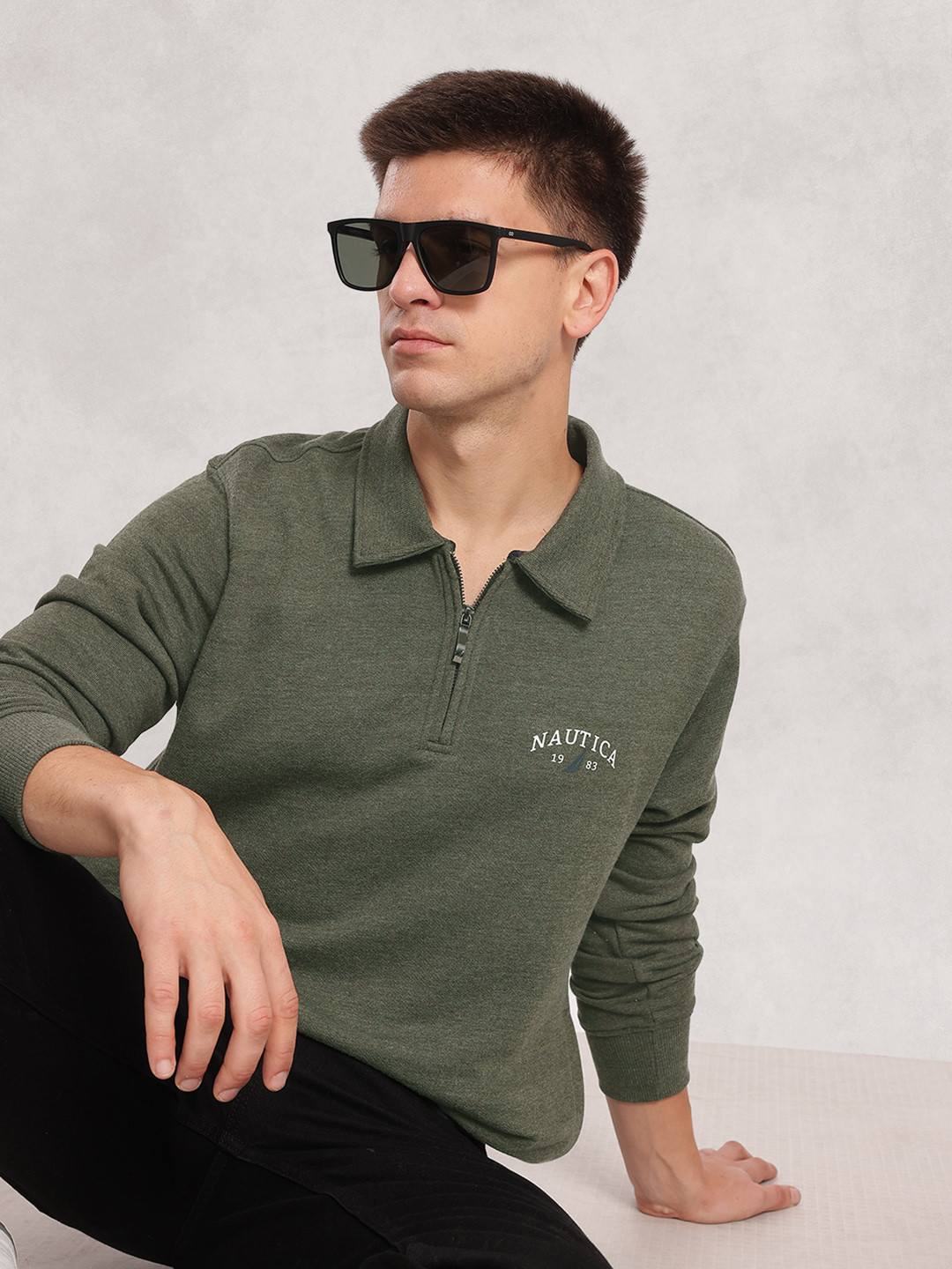 Nautica Typography Printed Shirt Collar Half Zipper Pullover