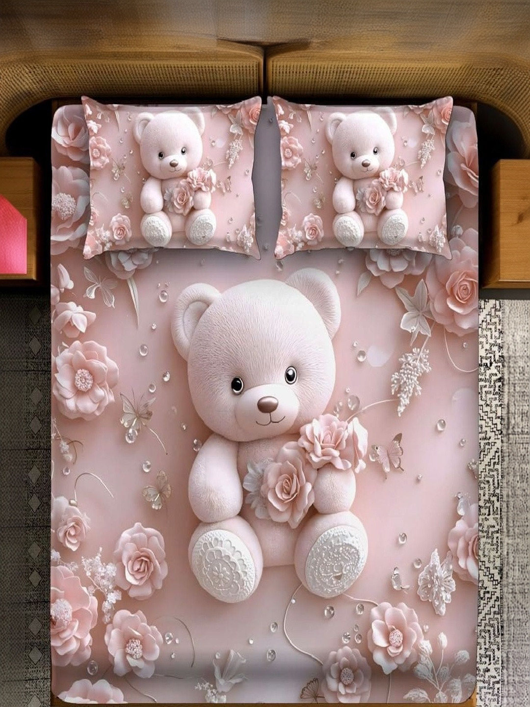 MAA HOME CONCEPT Pink Conversational 400 TC King Bedsheet with 2 Pillow Covers