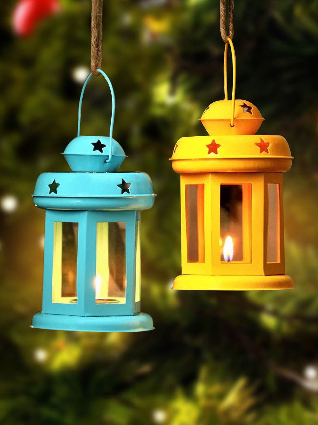TIED RIBBONS Set of 2 Yellow & Blue Lantern Tealight Candle Holder