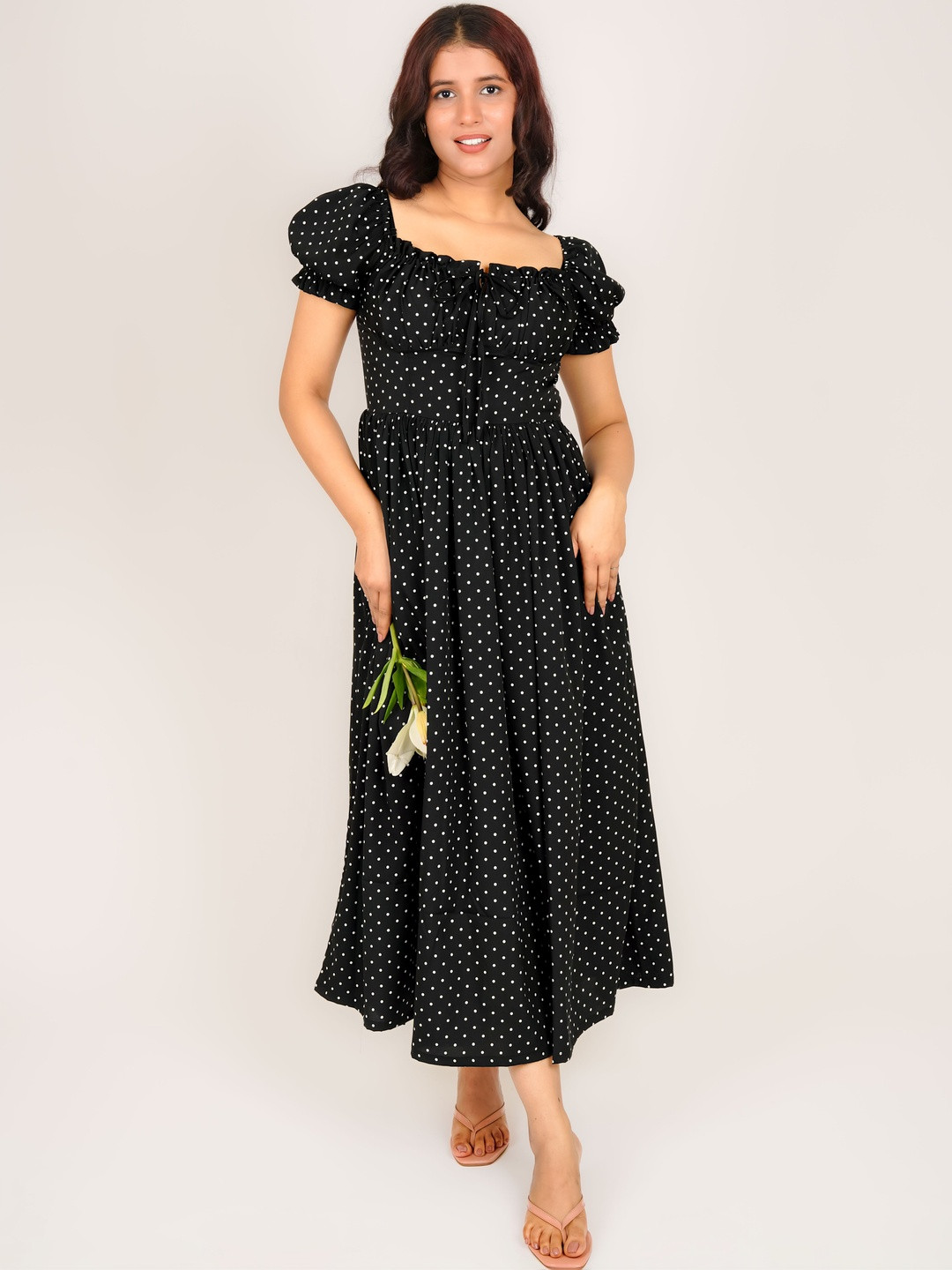 MONOMEE Polka Dot Print Puff Sleeve Crepe A-Line Midi Dress