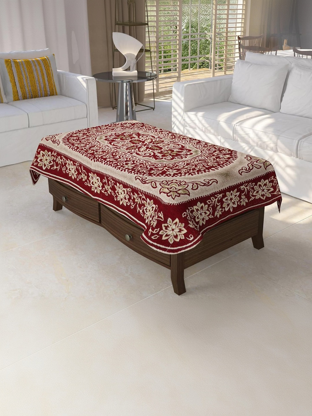 Furnishing Hut Maroon Floral 4-Seater Rectangle Velvet Table Cover