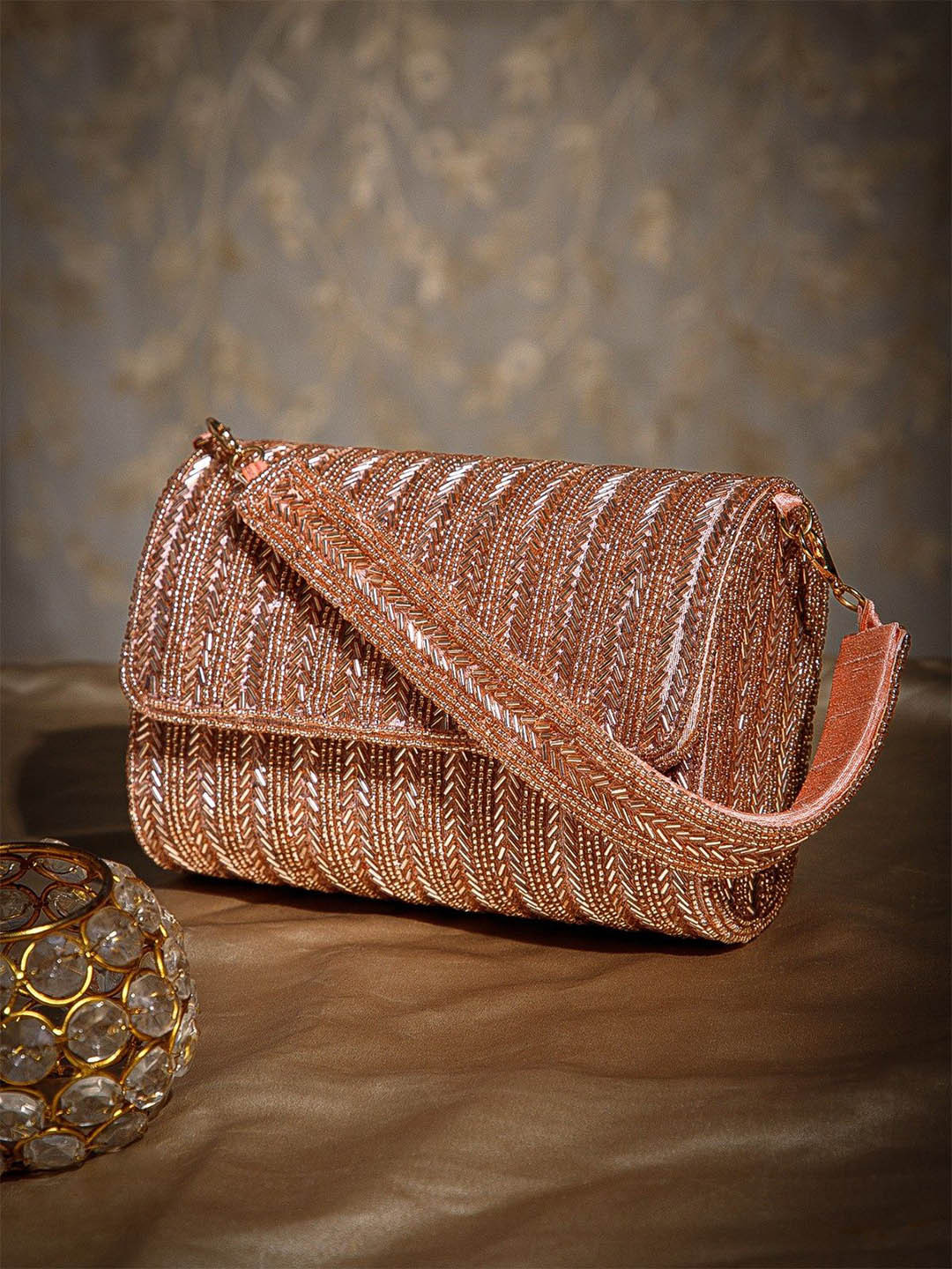 Anekaant Women Crystal Cascade Chevron Beaded Embellished Foldover Clutch
