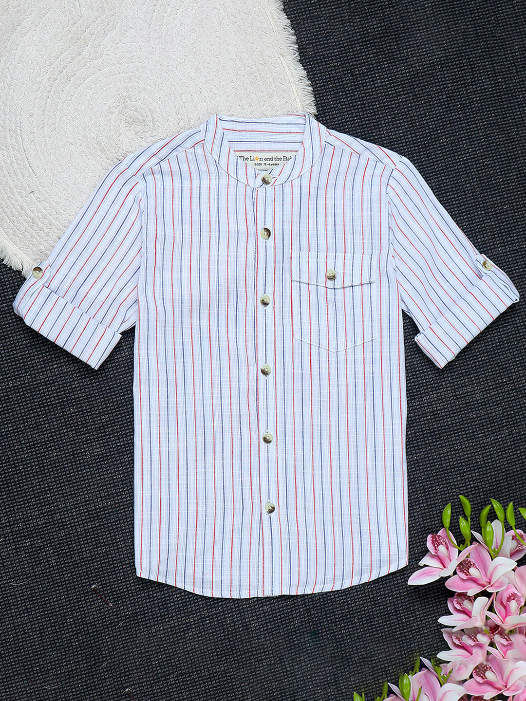 The Lion and The Fish Boys Roll Up Sleeve Mandarin Collar Relaxed Fit Shirt