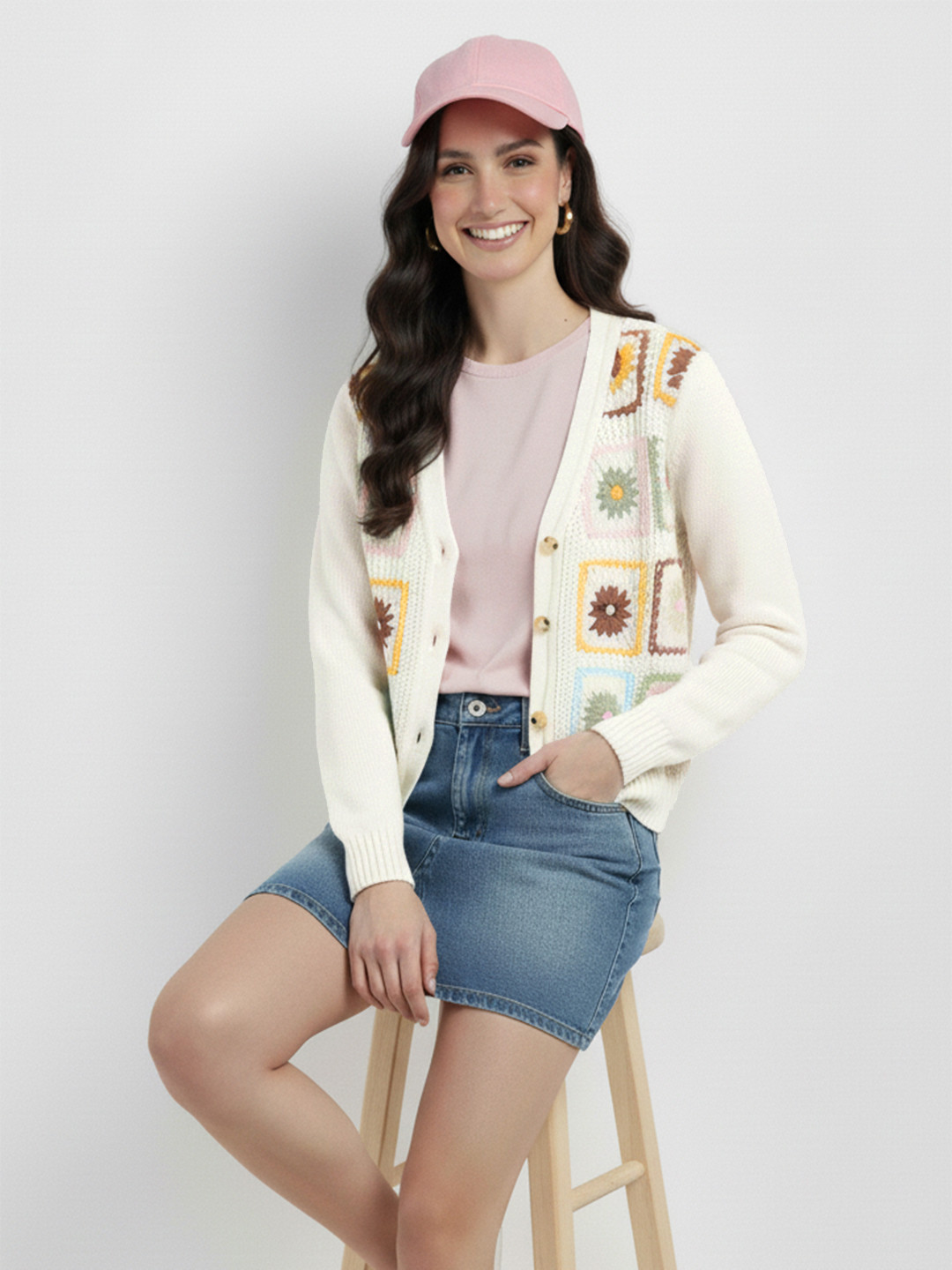 Mast & Harbour Floral Self Design Open Knit Cardigan with Embroidered Thread Work Detail