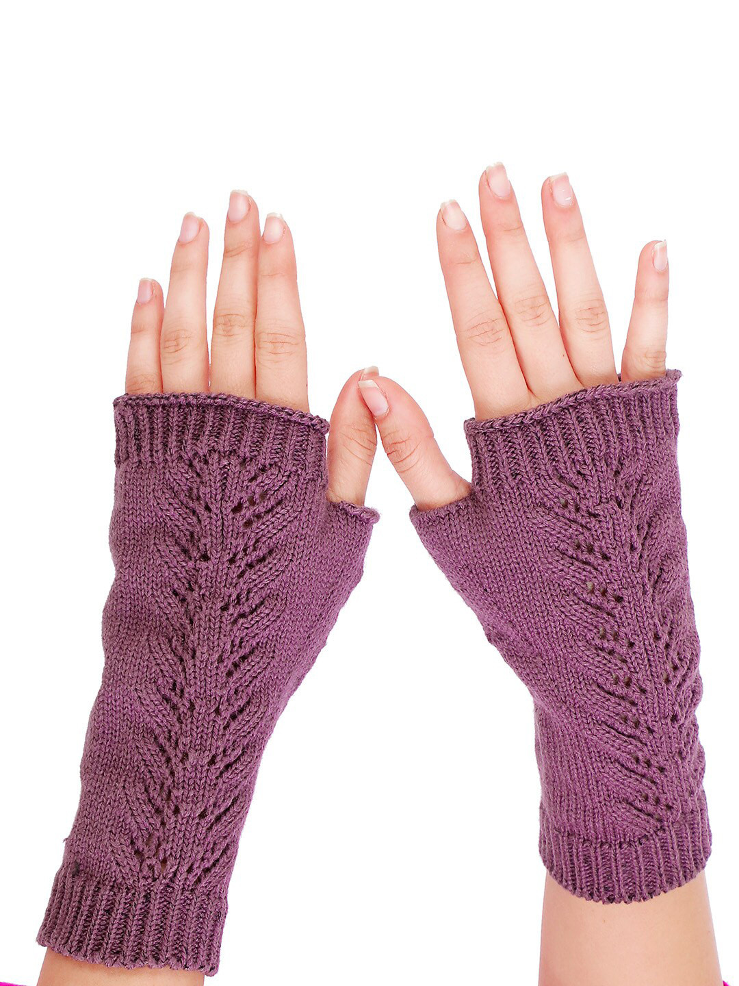 Bharatasya Women Purple Knitted Mitten Gloves