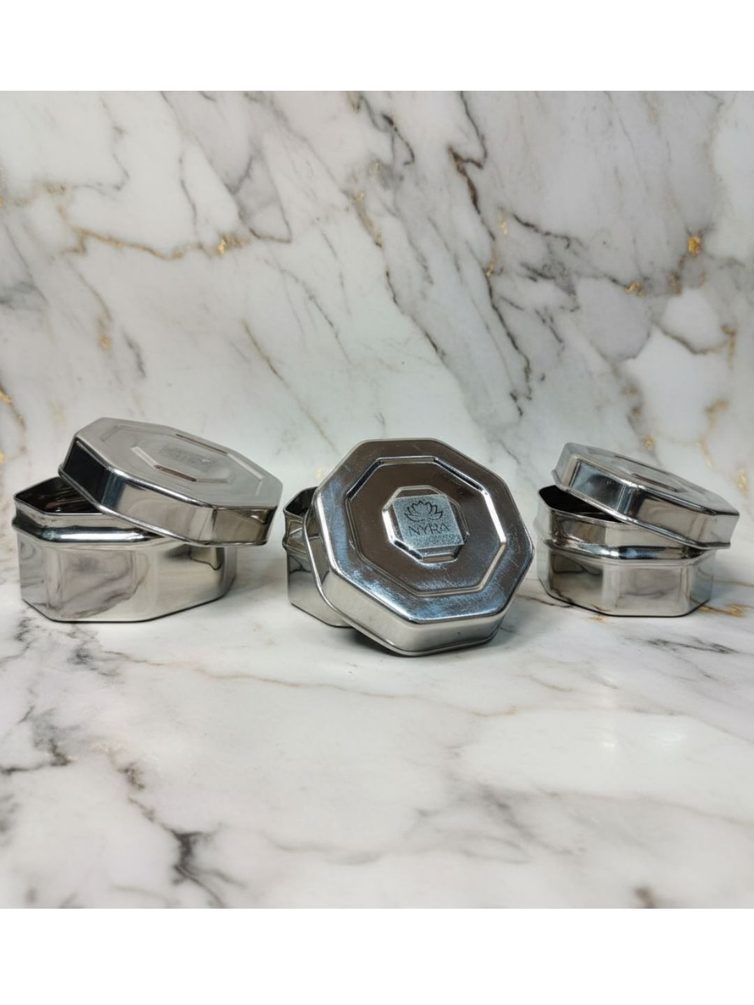 Nyra Kitchenware Mirror Finish & Heavy Duty Hexagonal Stainless Steel Container Set