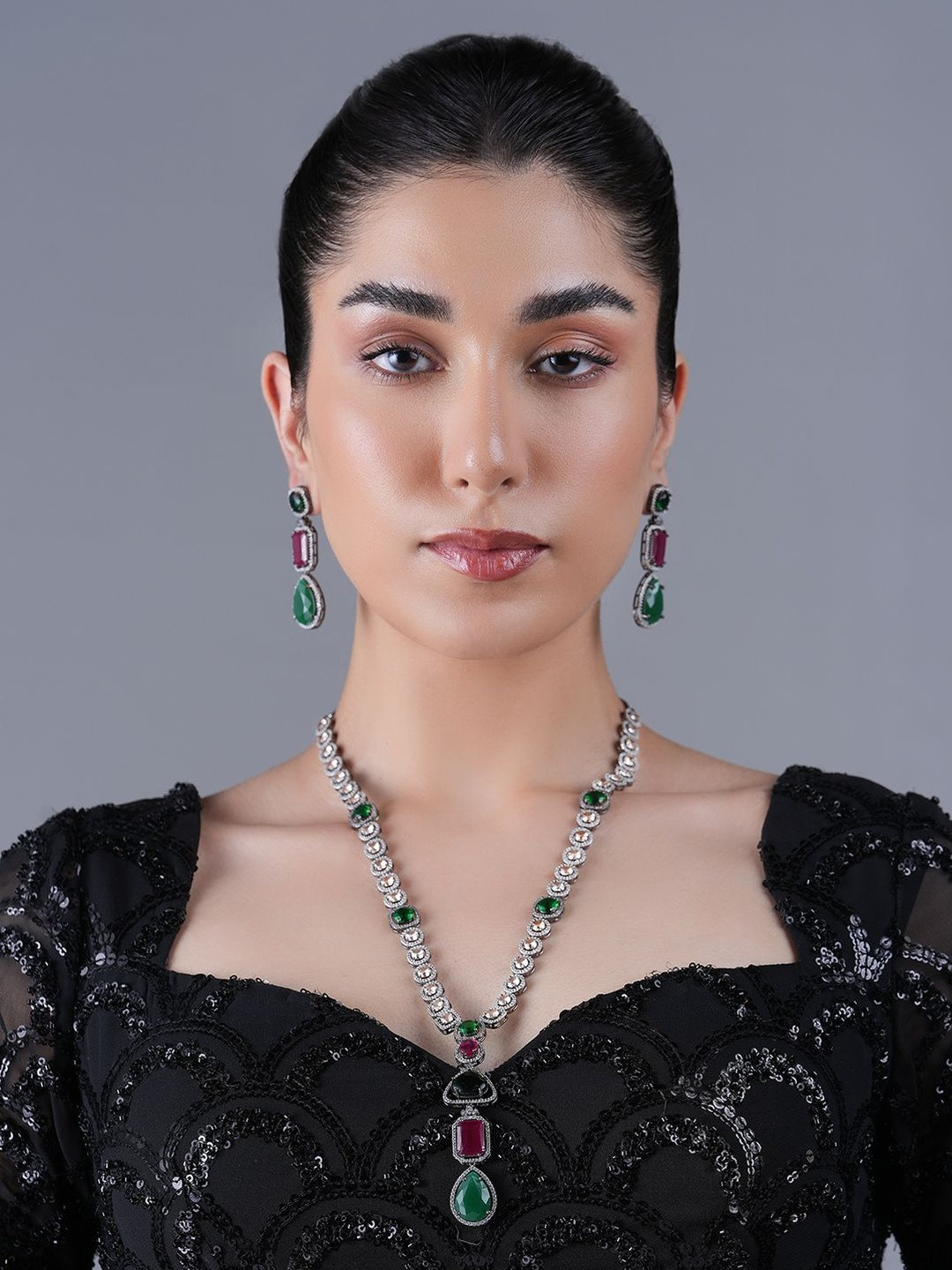 CAO Jewellery Women Artificial Stone and Beads Studded Long Designer Necklace and Earrings