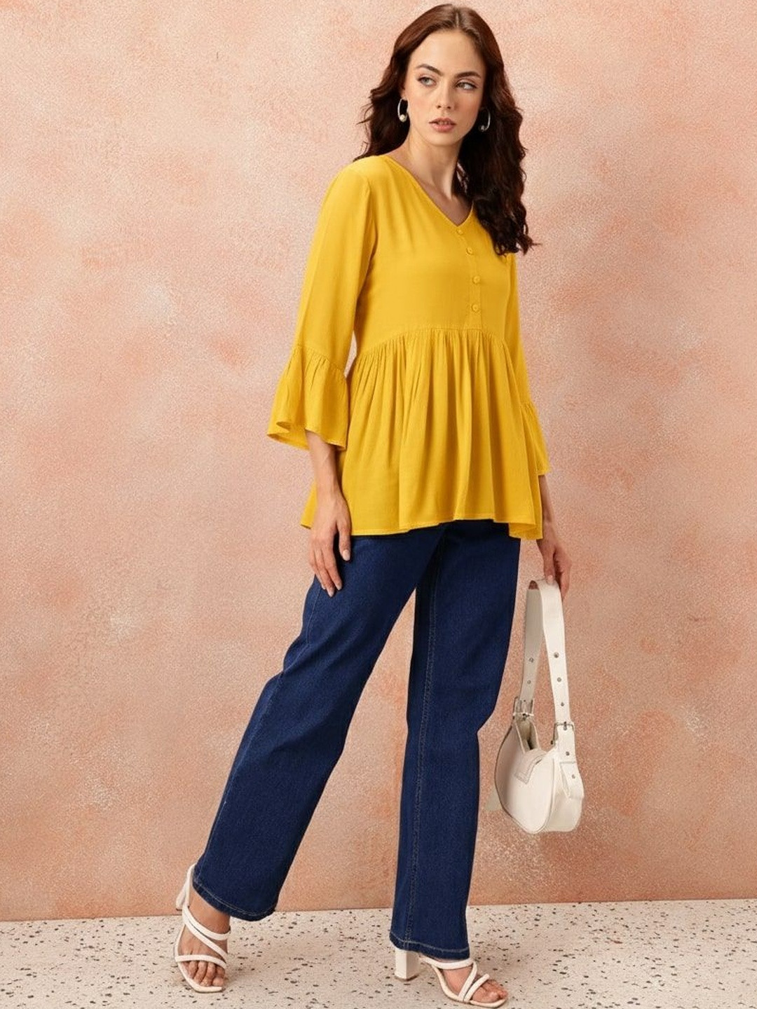 CORSICA Bell Sleeve Fringed Cotton Shirt Style Longline Top