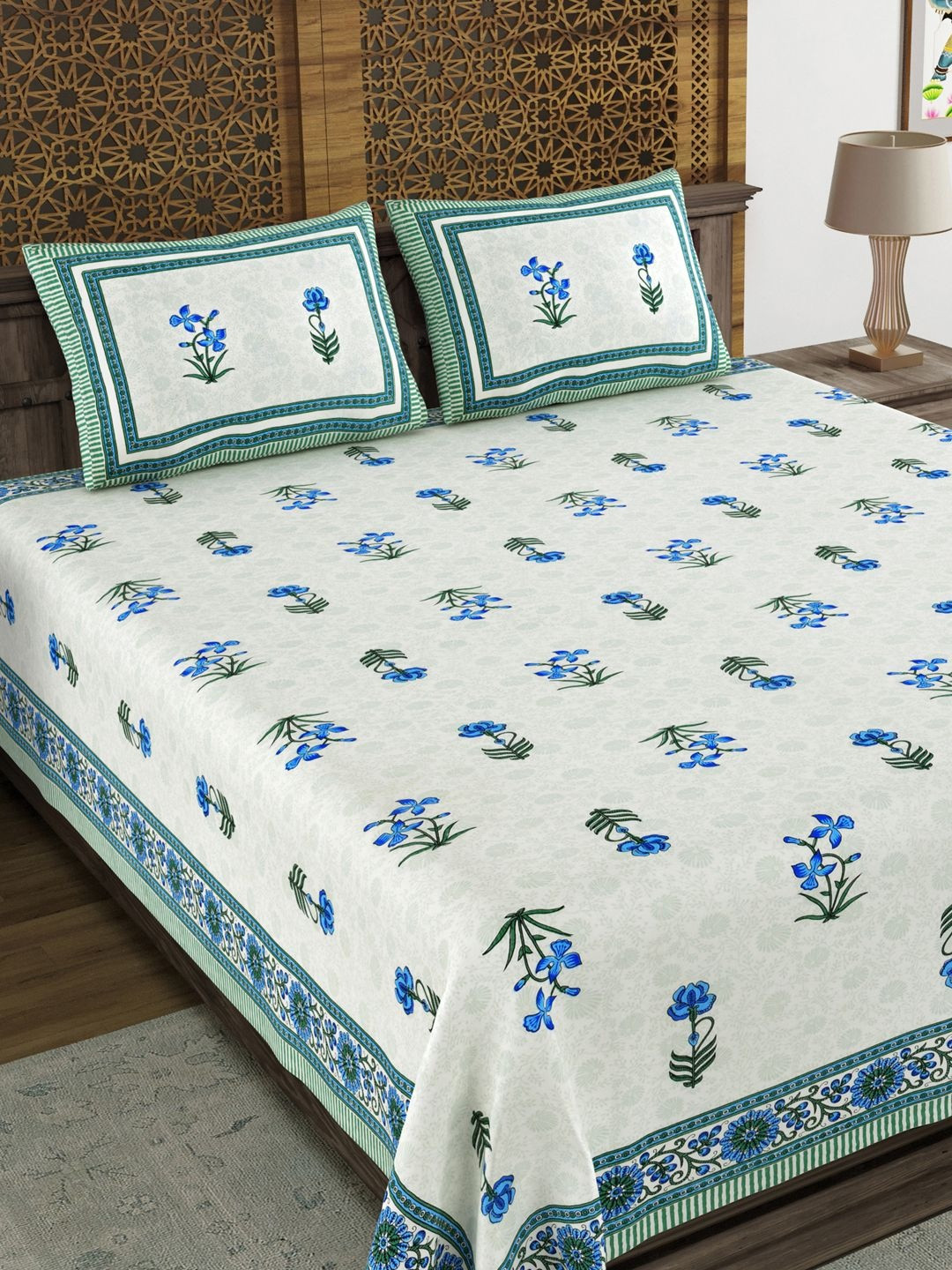 BLOCKS OF INDIA White & Green Floral 210 TC King Bedsheet with 2 Pillow Covers