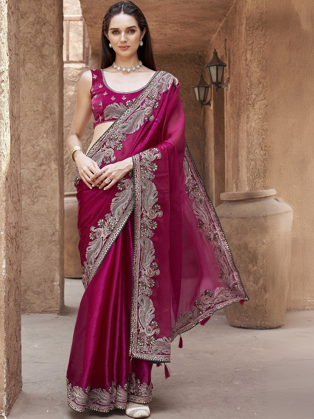 New Gravity Export Ethnic Motifs Embroidered Pure Chiffon Heavy Work Saree