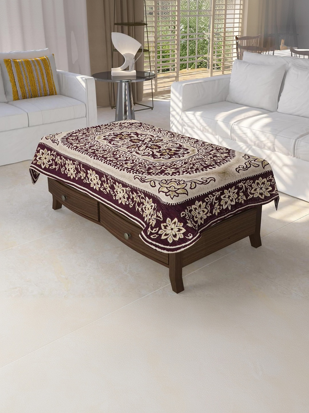 Furnishing Hut Purple & Beige Floral Velvet 4 Seater Center Table Cover