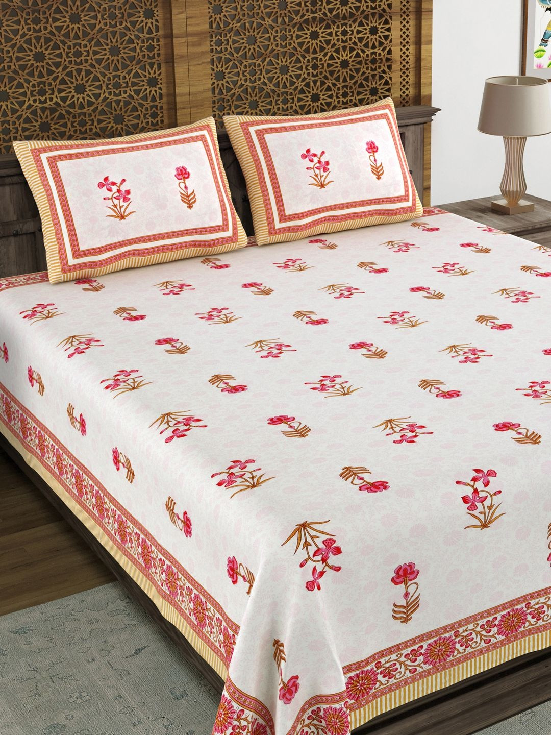 BLOCKS OF INDIA Off White & Peach-Coloured Floral 210 TC King Bedsheet with 2 Pillow Covers