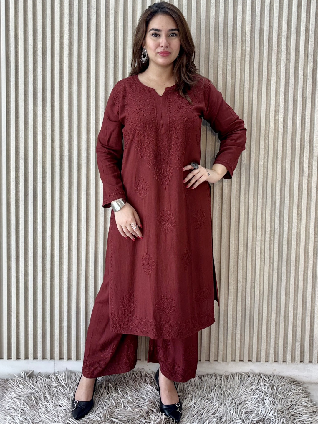 Label By Anusha Women Ethnic Motifs Embroidered Regular Chikankari Kurta with Palazzos