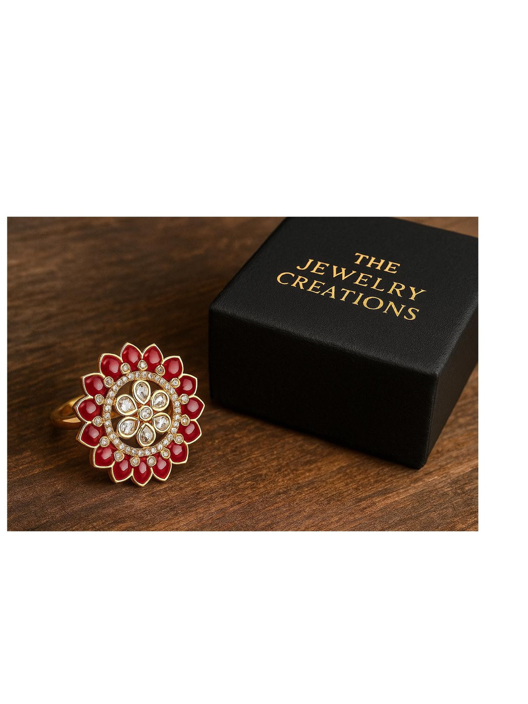 TJC Gold-Plated Cubic Zirconia Studded & Beaded Adjustable Finger Ring