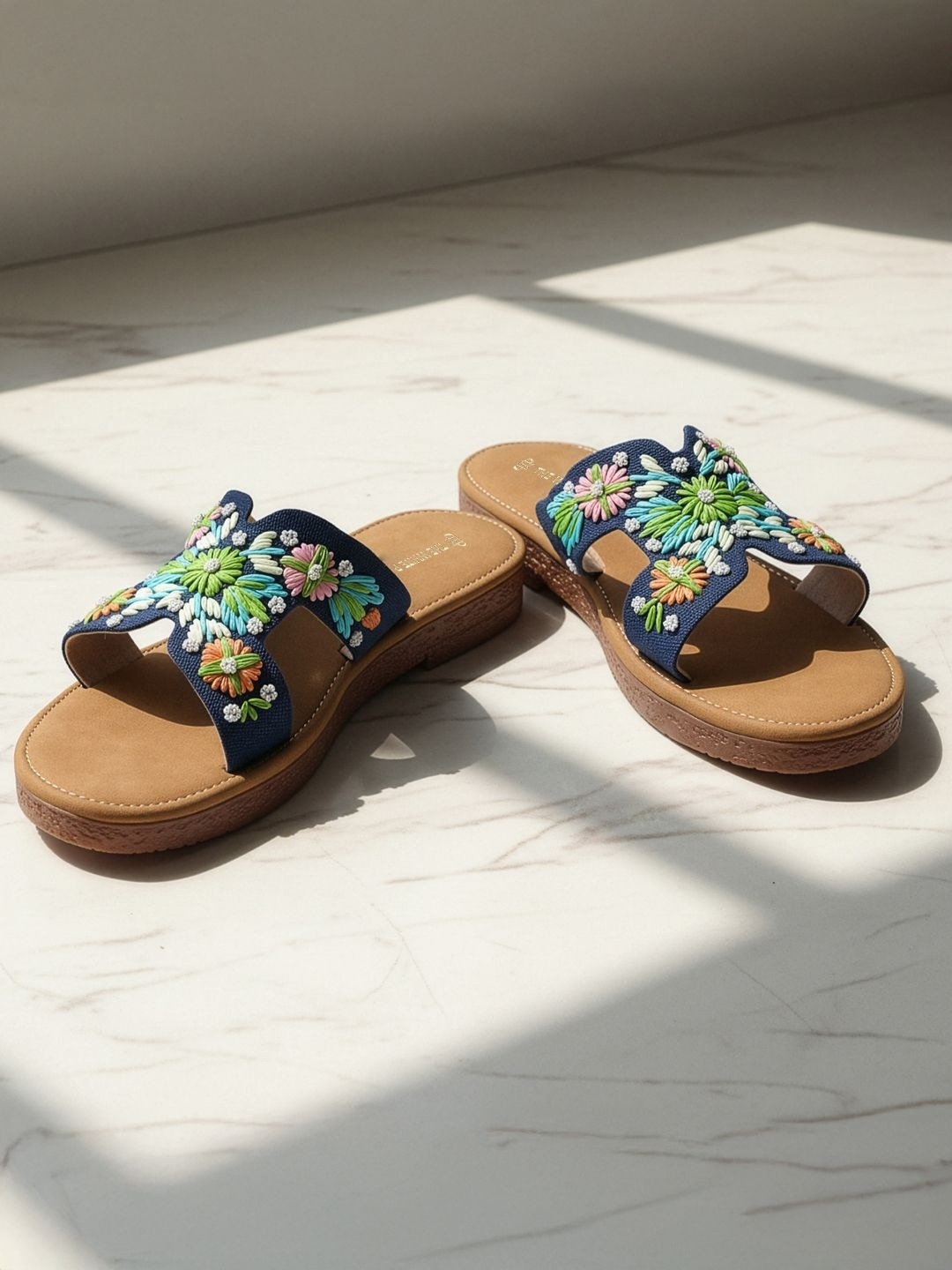 THE WHITE POLE Women Fashionable Trending Embroidery Open Toe Flats