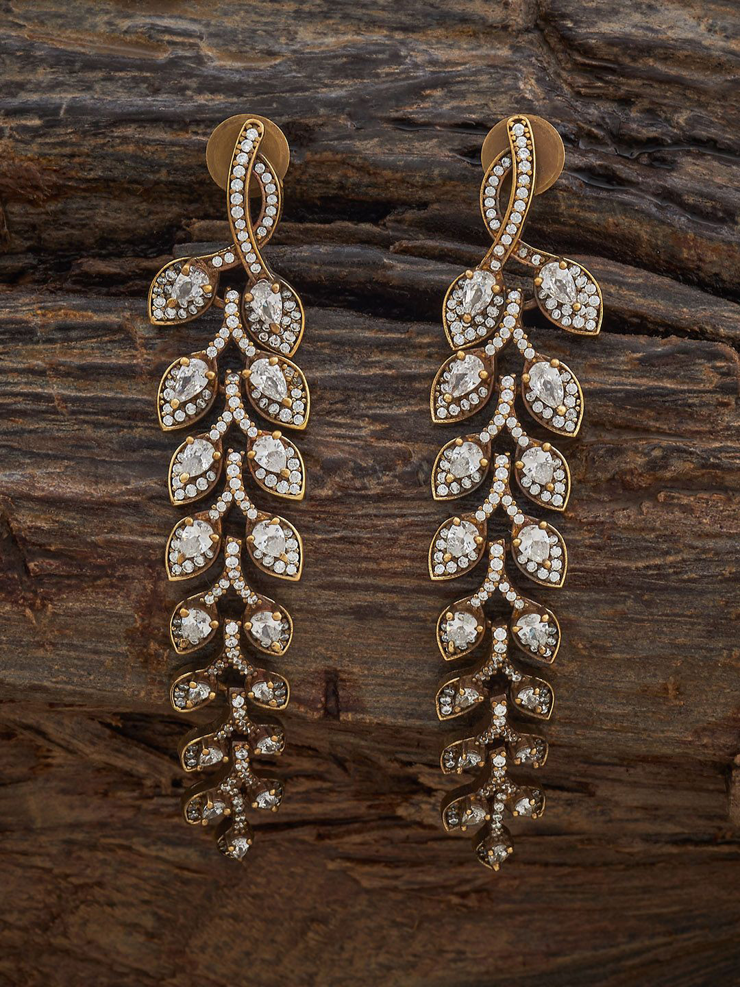 Kushal's Fashion Jewellery Victorian-Plated Zircon Embellished Bridal Leaf  Drop Earrings