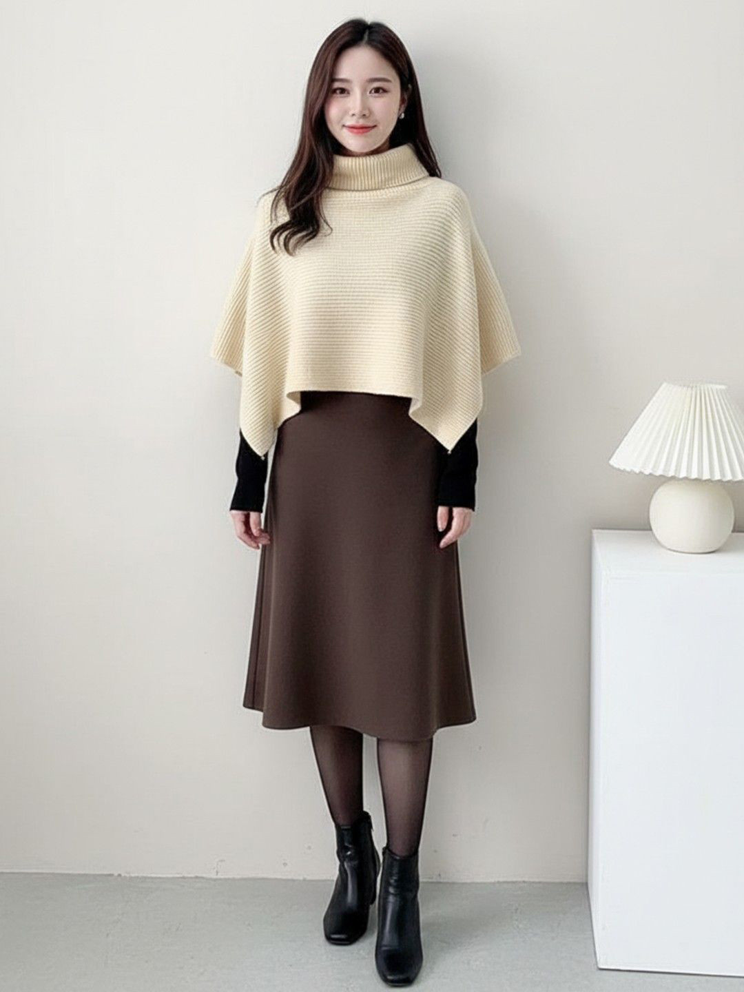 HERE&NOW Women Ribbed Turtle Neck Woollen Crop Poncho