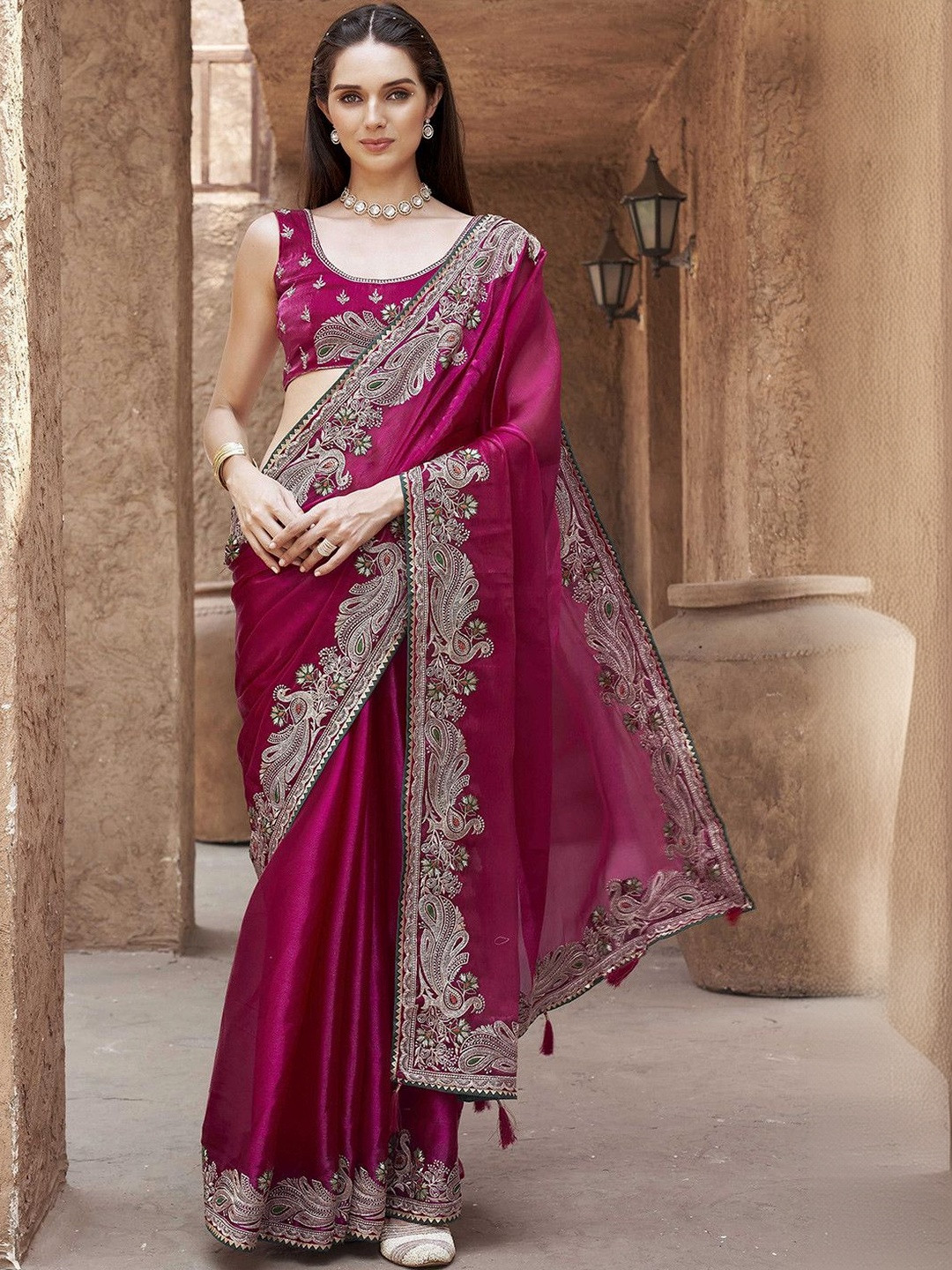 P.F. INDUSTRIES Ethnic Motifs Embroidered Pure Chiffon Heavy Work Saree
