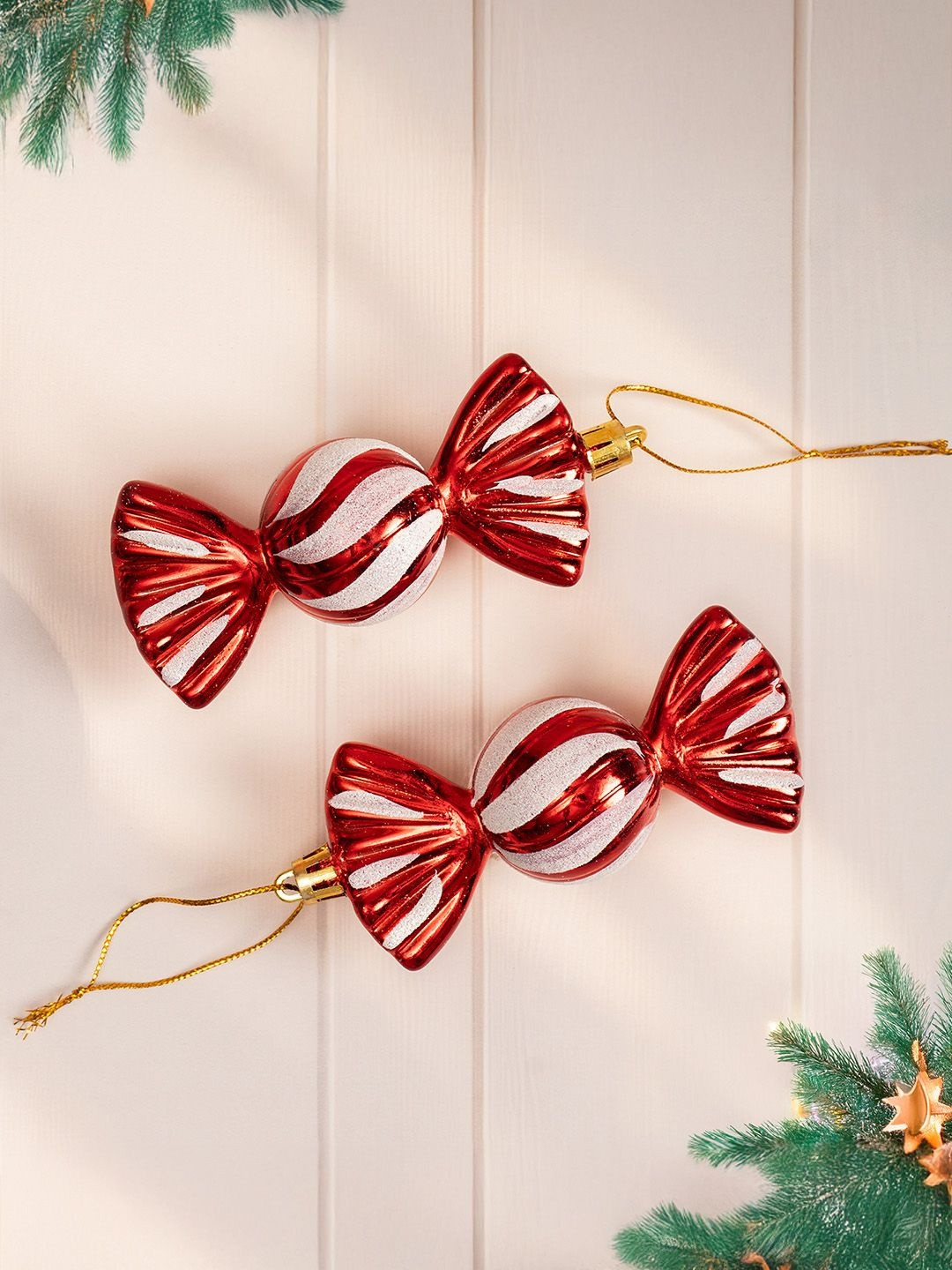 The Zappy Box Set of 2 Red & White Textured Candy Ornamnets Festive Decor