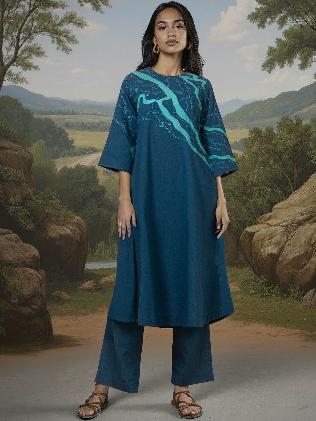 OKHAI Women Yoke Design Regular Thread Work Pure Cotton Kurta with Trousers