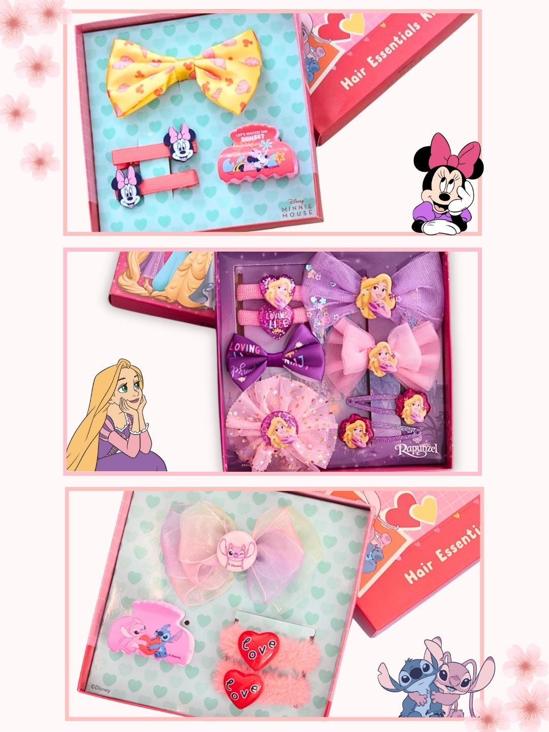 Disney By Yellow Bee Girls Pack Of 2  Minnie Mouse, Rapunzel & Stitch Hair Accessory Set