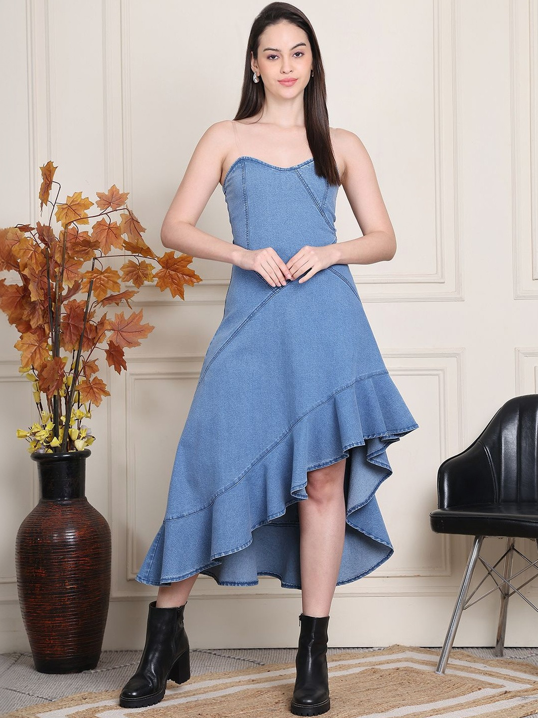 Mast & Harbour Ruffled Denim Fit & Flare Midi Dress