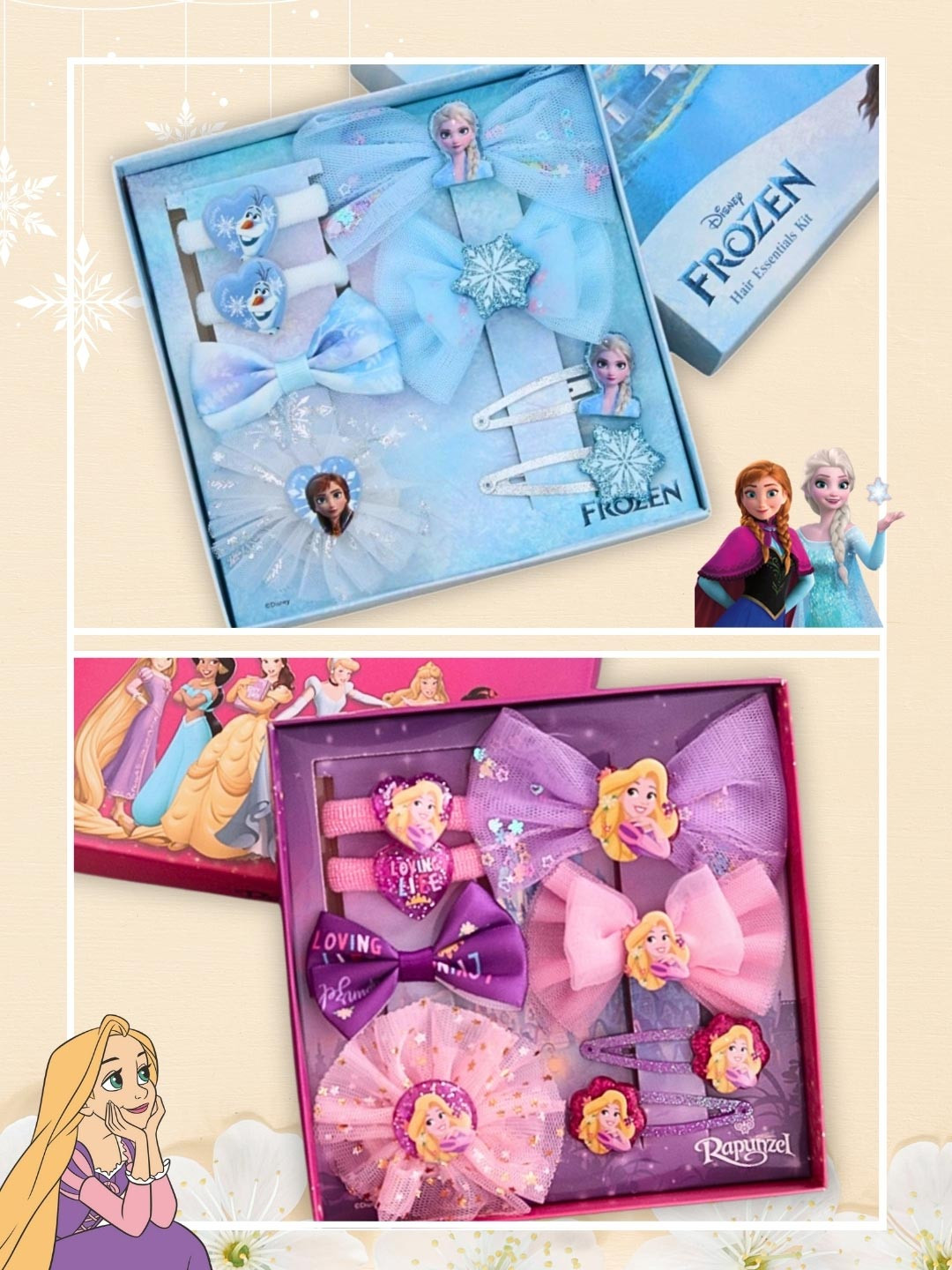 Disney By Yellow Bee Girls Set of 16 Rapunzel & Frozen Elsa Hair Accessory Set