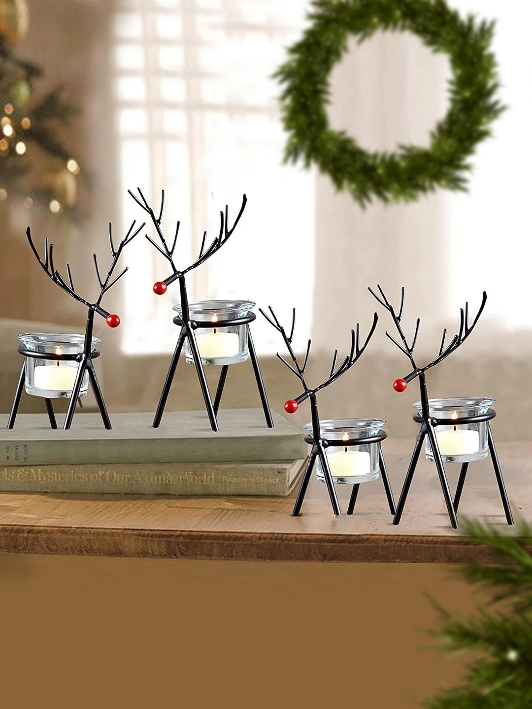 TIED RIBBONS Set of 4 Black Reindeer Tealight Candle Holders