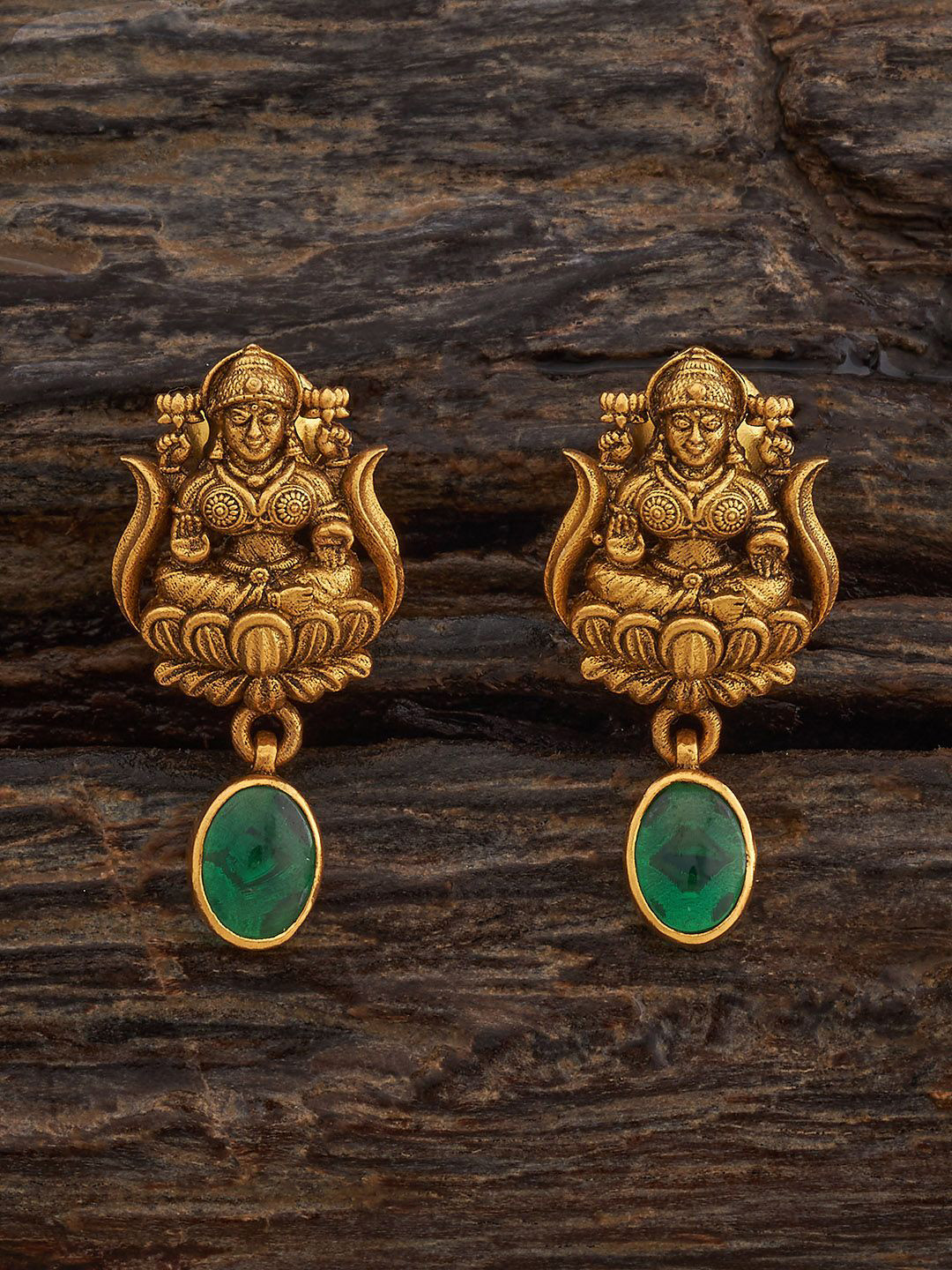 Kushal's Fashion Jewellery 92.5 Pure Silver Green Oxidised Gold Plated Studs Earrings